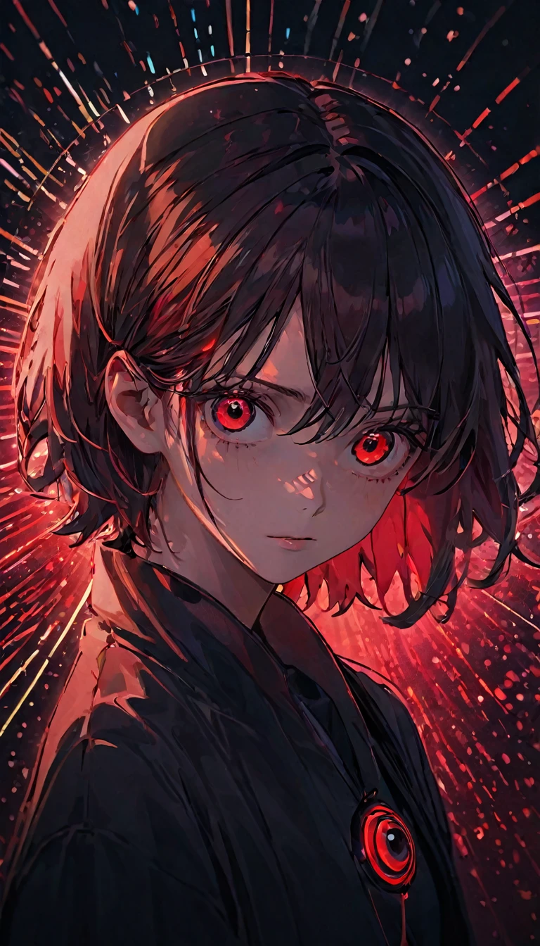 Desktop, top quality, 8k, eye, single eye first plane, sharingan, award-winning focus, single, night, neon, red eye, red, eye with blades, digital SLR, viewfinder, sophisticated, professional lighting, film grain, chromatic aberration, (Eye details : 1.0), (Bokeh: 1.1)、(SFW: 1.5)))、