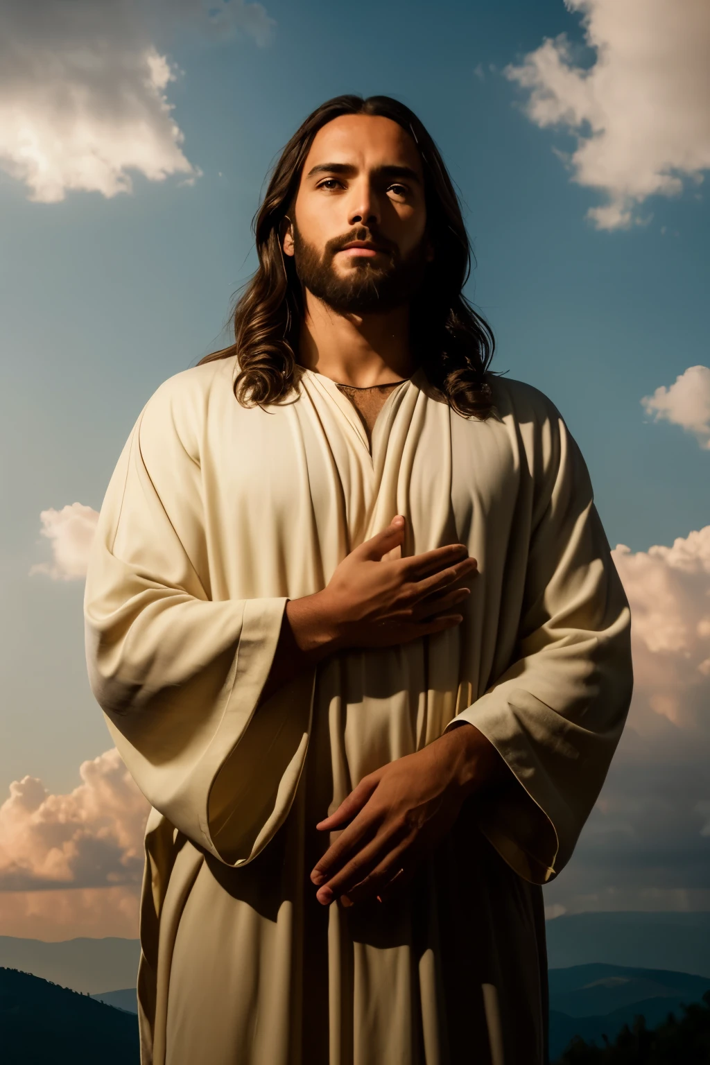 Jesus, depicted as a figure with a serene and captivating expression, is shown in the clouds, surrounded by a bright, heavenly glowing backlight. His hands are extended in an inviting gesture, with open arms. This emotive and realistic image is captured from a wide-shot angle, in stunning 32k resolution and full HD. The photograph was taken using a Canon EOS R5 with an F1.2 aperture, ISO 100, and a 35mm lens, ensuring smooth light and extraordinary detail. The cinematography is hyper-realistic and photorealistic, with details sharpened to perfection using unreal engine technology and cinematic color grading