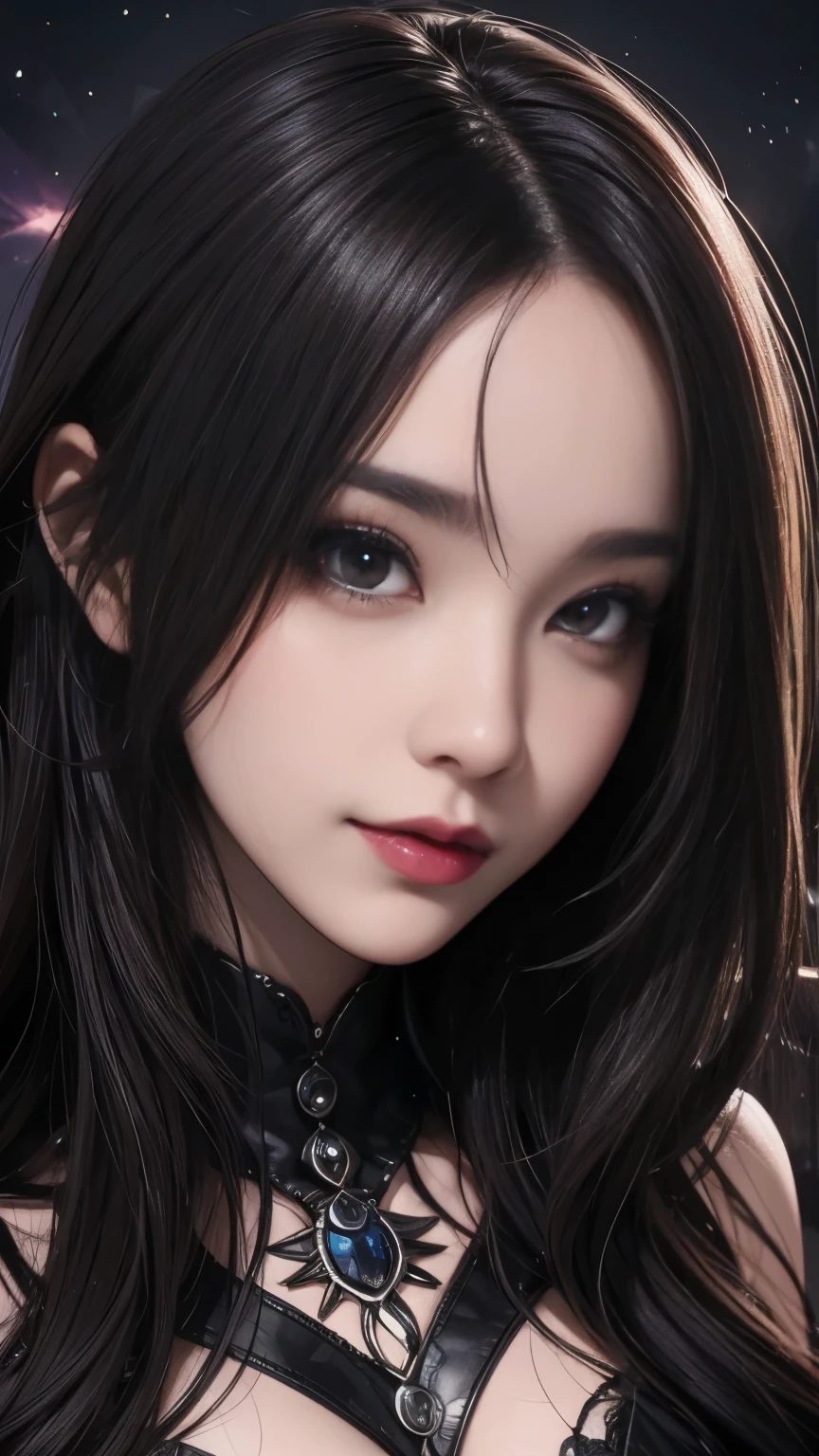 Portraiture, Beautiful and evil goth model with dark hair, Wearing a tight red corset, Fascinating青い瞳であなたの目を深く見つめる, Seductively tempts you, Hourglass Shape, Symmetrical shapes, Highly detailed face, Beautiful Face, Full lips, Wearing black lipstick, smile, Fascinating, Amazing digital illustrations, 8k Cosmic elements and ethereal atmosphere