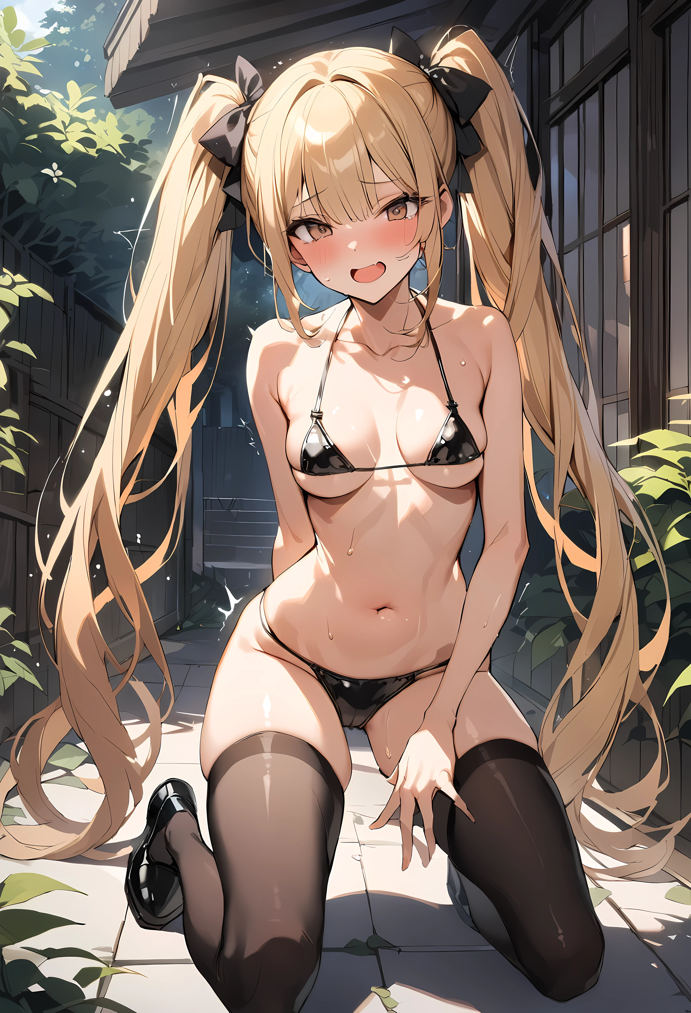 (hot spring、Open-air bath)Best image quality, 8k, high quality, masterpiece:1.2), ((masterpiece)), (Attention to detail, high quality, Best image quality), Bokeh, Depth of written boundary, Portraiture, Open Stance, (cuteイラスト:1.2), Public toilets, Browsing Caution, Blonde, cute, , (Small breasts), (micro bikini:1.2), Put your arms behind your head, Underarm, Wrists tied with chains , (Sit on a chair with your legs spread wide and tied up), Spread your legs, (Embarrassing:1.2), loose socks, Black Loafers, (Dog collar with chain), (Chains are attached to the legs of the chair), Dirty body,, Shooting from below,dark skin,gal,Gal