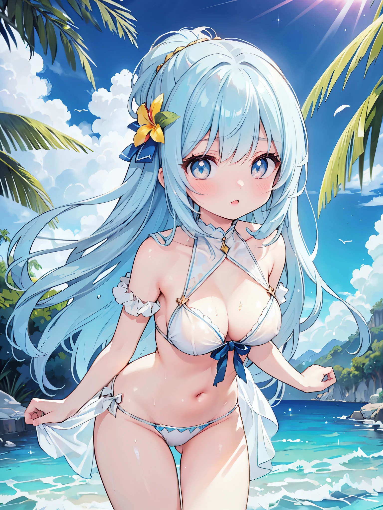 (Highest quality)、((Super detailed))、(Ultra delicate)、Cute  girl、Dazzling bright sky blue hair、Shining Gold and Silver Eyes、Sexy white and navy bikini、Beautiful breasts、Beautiful thighs、Tropical Beach、Top-down composition、Embarrassed、Looking up、Wet and see-through