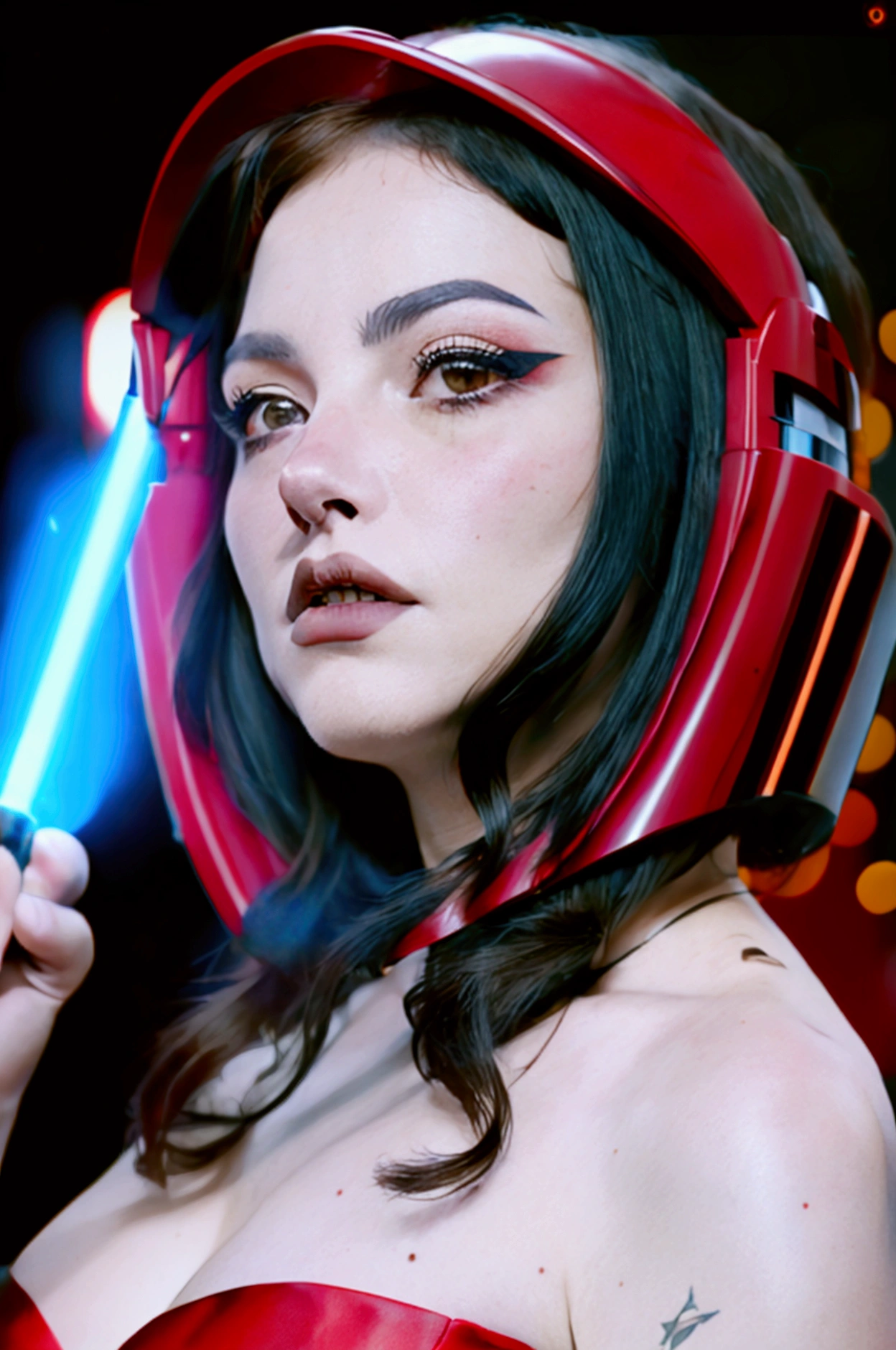 Frame from a cinematographic film of the Star Wars universe, a man with a red helmet and a red lightsaber in Mandalorian style., shallow depth of field, vignette, Very detailed, high budget, bokeh, cinemascope, moody, epic, gorgeous, film grain, grainy