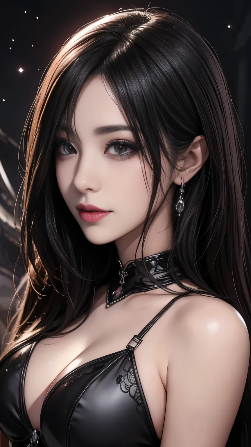 Portraiture, Beautiful and evil goth model with dark hair, Wearing a tight red corset, Fascinating青い瞳であなたの目を深く見つめる, Seductively tempts you, Hourglass Shape, Symmetrical shapes, Highly detailed face, Beautiful Face, Full lips, Wearing black lipstick, smile, Fascinating, Amazing digital illustrations, 8k Cosmic elements and ethereal atmosphere