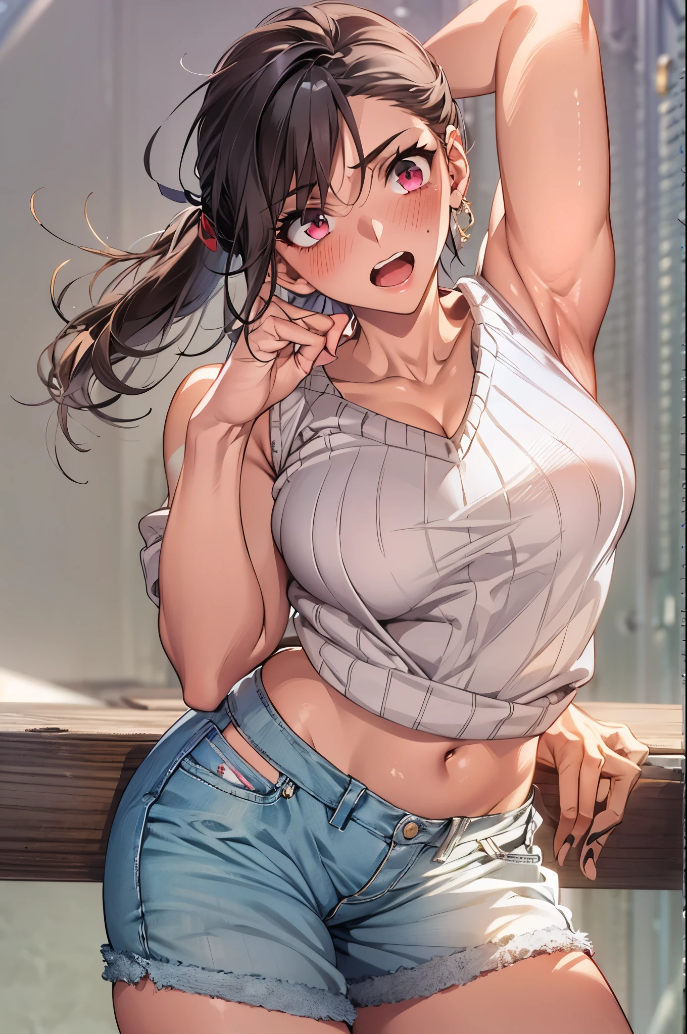 Masterpiece,Highest quality,8k,Ultra-high resolution,appropriate margins,lighting,Depicted from the waist up,BREAK,(1 person),Very beautiful adult woman,Slim body,(The richest big breasts),Deep cleavage,Moisturized Skin,BREAK,(Black Hair),mascara,Red eyeliner,Light pink lip,Thin teak,Thin eyebrows,BREAK,Pink eyes,BREAK,Cute expression,Open your mouth a little,BREAK,A little long hair,ponytail,Unshaven,BREAK,(White sleeveless sweater),(Denim shorts),(outside),BREAK,Eye contact