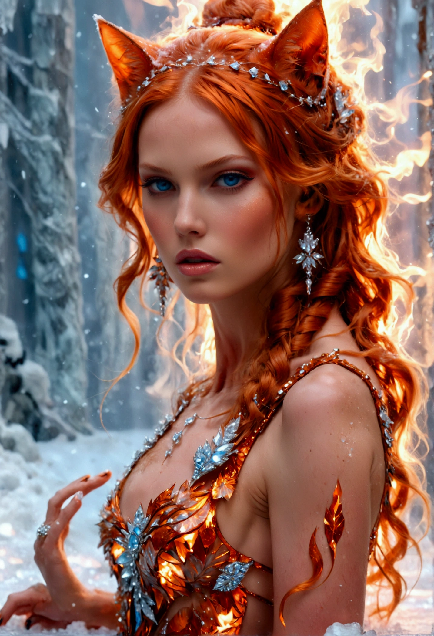 a glamour picture shot, of an elite model covered in fire walking on a icy catwalk, an extraordinary glamourous elite female model, ((full body: 1.5)),  ((anatomically correct: 1.5), (ultra detailed face: 1.2), best detailed face, orange hair, long hair, lush hair, glam hair cut, blue eyes, delicate face, light make up, wearing intricate detailed dress, glamour dress, haute couture dress, elite fashion dress, FireMagicAI,  small cleavage, wearing high heels, elegant high heels, she wears diamond necklace, she is covered in fire, she walks on an icy cat walk, image reflecting in the ice IceMagicAI, elite fashion show background, vibrant, Hyperrealism style, vibrant, Ultra-high resolution, High Contrast, (masterpiece:1.5), highest quality, Best aesthetics), best details, best quality, highres, ultra wide angle, 16k, [ultra detailed], masterpiece, best quality, (extremely detailed) RAW, FireMagicAI, IceMagicAI, 