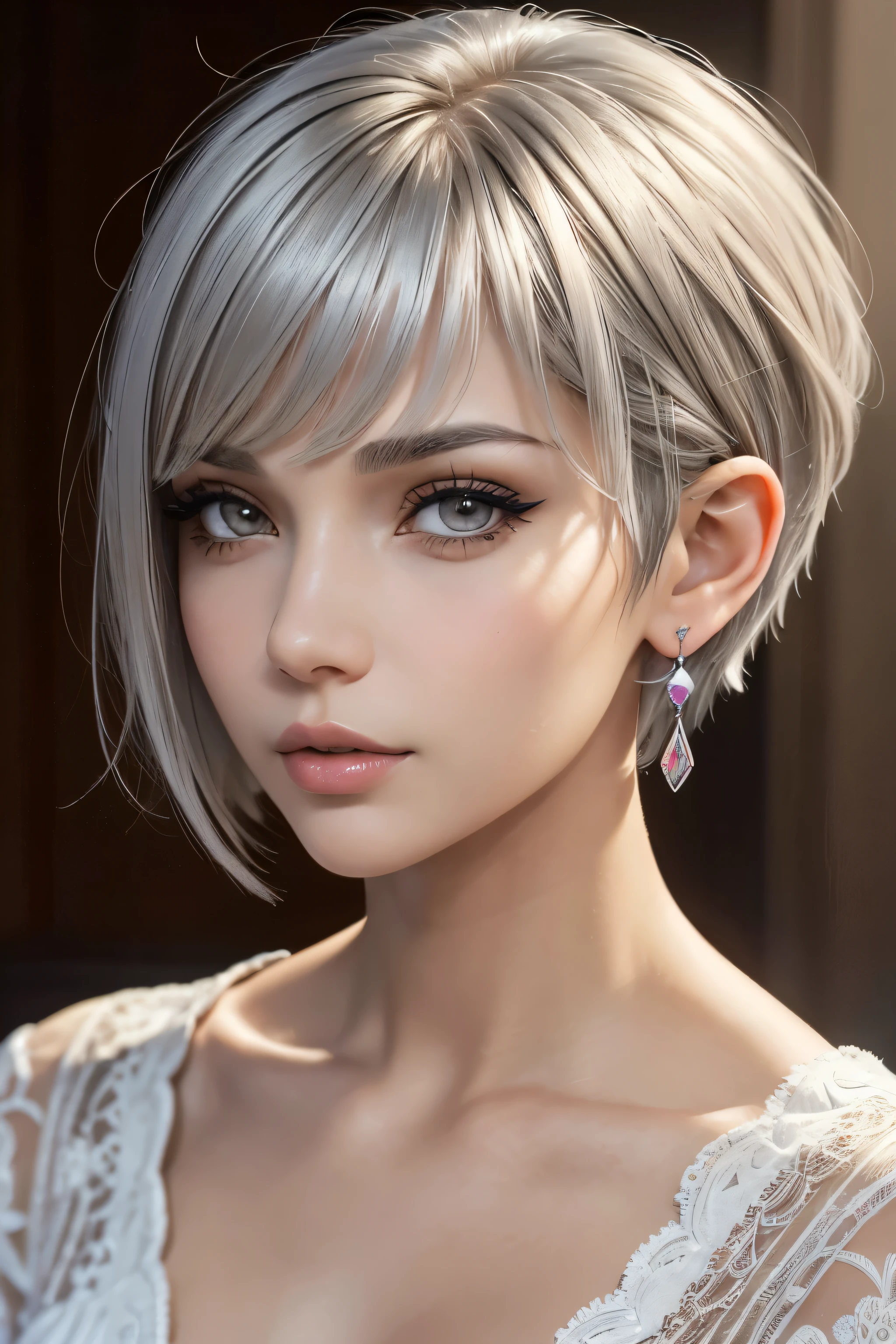 (best quality, masterpiece), 1girl, beautiful girl, brown_eyes, ((hair color [Silver hair], [pixie cut with bangs] hair)), earrings, lips, short sleeves,realistic, narrow waist, charming, colorful makeup, long eyelashes, fair skin, (cute), (detailed face), detailed eyes, detailed iris, 