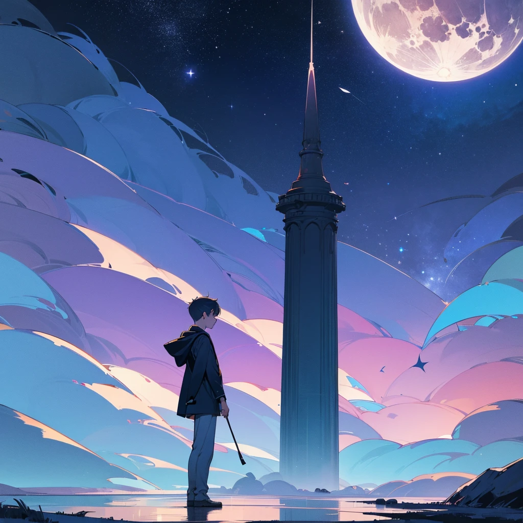 Beautiful night sky without moon only stars , 8k ultra realistic a boy standing alone feels like he's finding the moon make it in 16:9 ratio