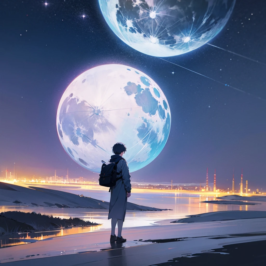 Beautiful night sky without moon only stars , 8k ultra realistic a boy standing alone feels like he's finding the moon make it in 16:9 ratio