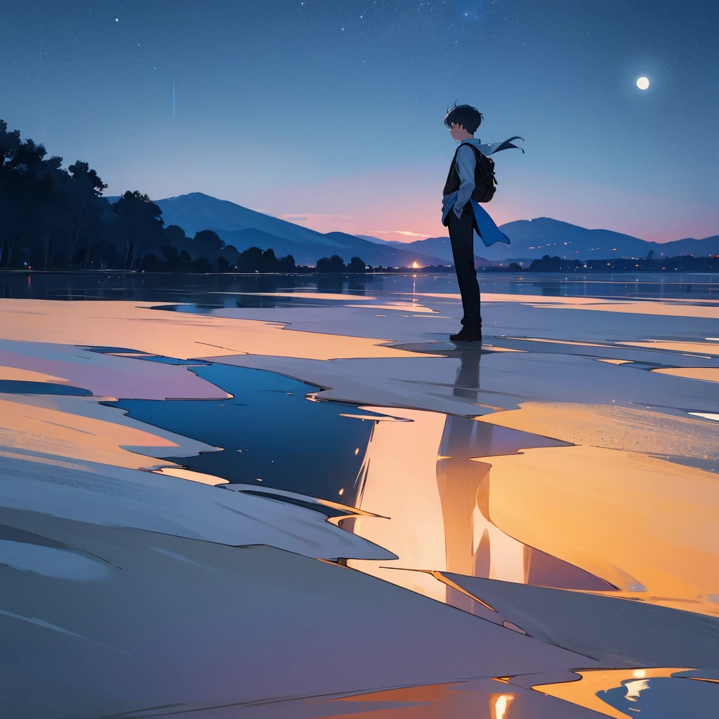 Beautiful night sky without moon only stars , 8k ultra realistic a boy standing alone feels like he's finding the moon make it in 16:9 ratio
