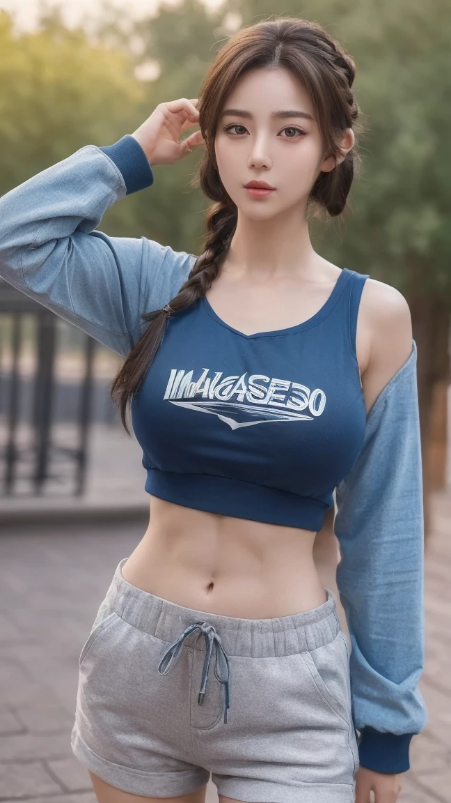((highest quality, 8k, masterpiece :1.3)), One girl, Beautiful woman with slim abdominal muscles :1.3, (Random Hairstyles, Huge breasts :1.2), Casual clothing :1.2, Outdoor, Highly detailed face, Fine grain, double eyelid