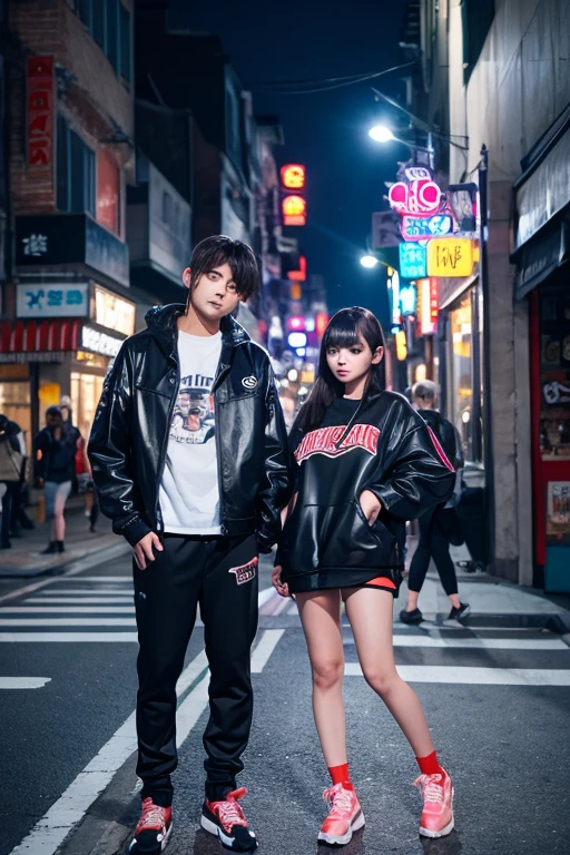 Night Street cyber- Night view 2 heads High-brand clothing Foreign babies Anime characters