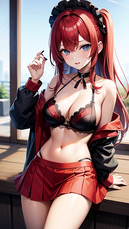 An anime girl with red hair and blue eyes wearing a skirt and an open shirt revealing a black and red lace bra