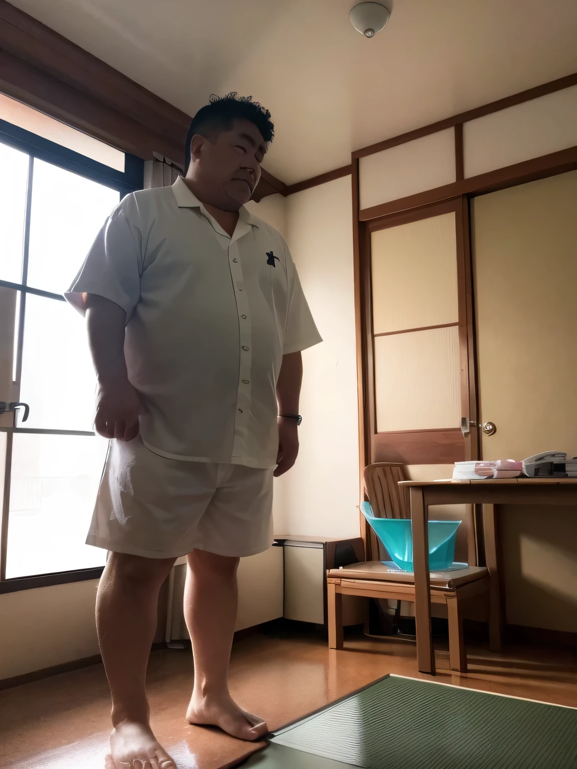 A thick man is 50yo in japan, He wears a White short pants, retarded, dwarfism, stand to attention at playroom in kindergarten, potty training, Acting timidly, slouching look down, He is holding back his pee while sobbing, incontinent, There is a small puddle at his feet, shirtsless, Bowleg, Bare legs, Barefoot, short hair, thin hair, scared, Weak, sissy, sobbing, There is a small puddle at his feet, a picture, high detail photo, 32K, masterpiece