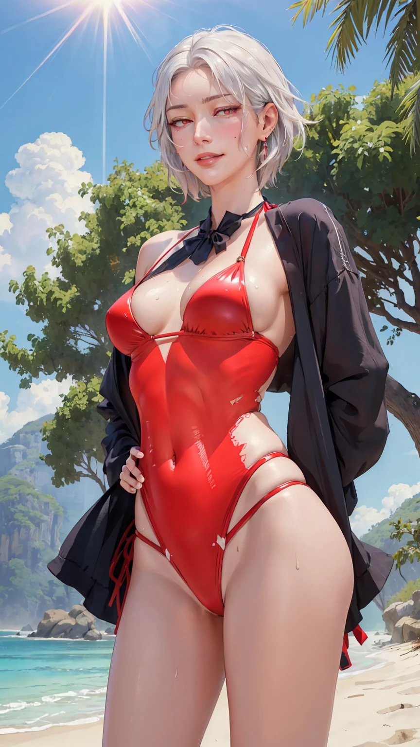((((masterpiece, best quality, high resolution)))), Extremely detailed 8K, Beautiful girl with voluptuous body, (Ultra HD, Ultra-detailed, Highly detailed, Highly realistic, Ultra-realistic, photograph realistic), (1girl:1.5), (Realistic white hair), (short silky hair, hair ornaments, earrings), (dynamic poses), facing at camera, looking at viewer, (blushing red, embarrassed, exhausted, smirk), (bright red eyes, sharp eyes), (small perky breasts:1.2), (wide hips:1.2), (beautiful detailed face, beautiful detailed eyes), ((red bikini)), (detail pussy), (standing up:1.3), sweat, glow, (sunbeam, sunlight), ((cowboy shot)), beach, seductive, glistening sweat