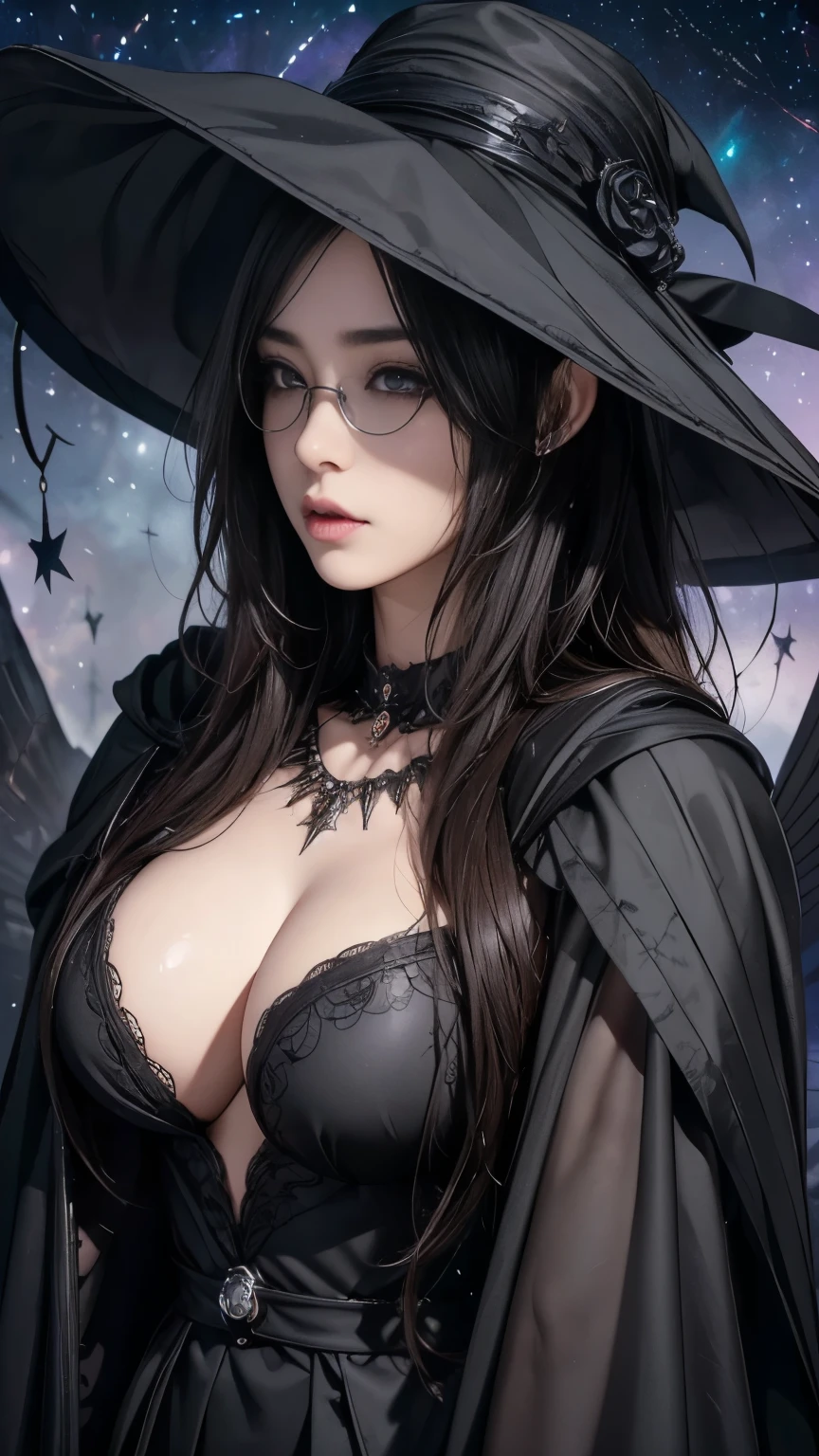(Fatal Beauty,A charming villain,witch) ,(A supple and powerful physique),(Sensual charm),(Mysterious charm:1.1),(Captivating silhouette),((((Glasses))))、((((big sapphire necklace))))、(Highest quality,High resolution:1.2),(dark,Threatening:1.1),((dark horror theme:1.5),(Thriller:1.5)),(Dark fantasy:1.5), (((Countless stars fly away:1.5),(Absurd:1.5),(wonderful:1.5))),Woman in a dress, (Powerful numbers:1.1),(((Big Breasts))),(((Muscular:1.1))), cute face, Sexy Face, , Very detailedなbeautiful女の子, (Ideal body type:1.8), Very detailed faceexpressive lips, (Very beautiful、Crisp big eyes:1.5), Fine skin., All features are shown in detail., The outline of the fingers is beautifully drawn....., The nose is precisely shaped., expressive lips, Perfect Anatomy,cute、Realistic、(Front view:1.4),(Face Focus:1.3), realistic girl rendering, 8k artistic german bokeh, Enchanting girl, Real Girls, Gurwitz, Gurwitz-style artwork, Girl Roleplay, Realistic 3D style, cgstation Popular Topics, 8K Portrait Rendering,(truth,truth:1.4),Sexy Body,( Very lean body:1.6),Sexy pose, blush, Attractive body, Very curled hair, Purple Curly Hair, very big hair, Very curled hair, prime color,Urban,Very detailed,masterpiece,Intricate details,Faded,Very detailed, Eye for details,Intricate details,Dark and eerie atmosphere, Spiritual Beings, Unforgettably beautiful, Ghostly figures, Shadow-like shape, Spooky whispers, Ominous Aura, Goth Maiden, Like dazzling fur in a starless haze,Her Mogul Snaps, Mysterious Cemetery,Black hair swaying in the moonlight, She summons darkness, (beautiful: 1.7), (Black Hat: 1.6), (An intricately decorated jet-black cloak: 1.6), (Delicately decorated cloak, Despite the damage: 1.5), Hypermaximalist, Breathtaking oil paintings, Surreal, Ultra-realistic digital illustrations that mimic the style of oil paintings, wonderful構成, (Shining Eyes:1.6)、(Glowing Eyes:1.1),(hellish landscape:1.1),(fire,sulfur:1.1),(Threatening atmosphere:1.1),(dark shadows,Threatening presence:1.1),(Unluck