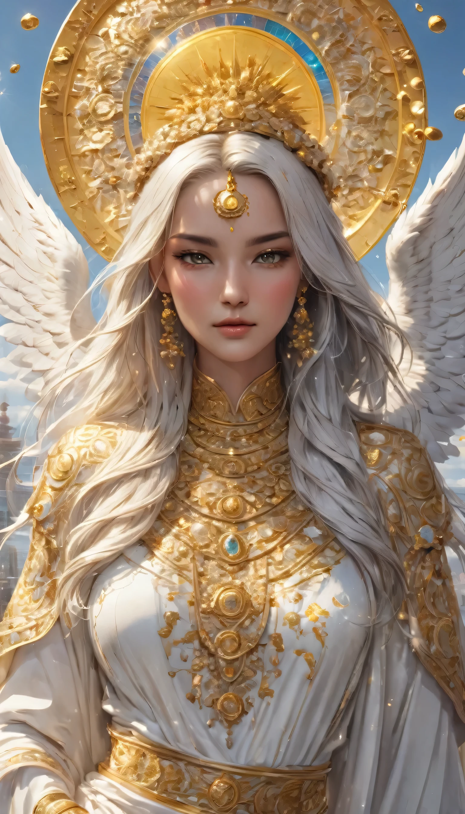 From a heterogeneous plane, the angel of wealth and fortune, ((Abundia)) perfect and detailed face, in white robes with delicate embroidery in gold threads, descends among diaphanous clouds, golden reflections of light from the great central sun, bringing us arms the Cornucopia of abundance, spouting gold coins, jewels and precious stones, an image of divine beauty, a celestial work of art.8k,fullHD.