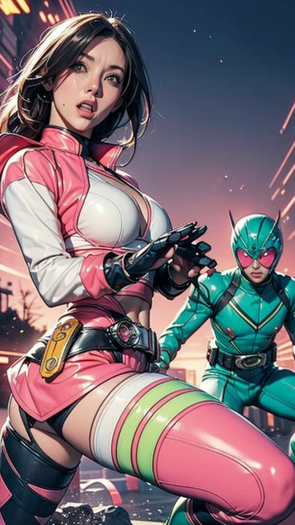 good better hand, Solo, A brave and courageous image of a 6 member ranger team, Each one is decorated in vibrant colors such as:: ((Pink)), red is front of center, violet, Green, yellow, blue black, white,. Heart motif belt, Dynamic poses in a background that exudes energy and courage, neon, fire, plasma, Fluorescent, shocking, pink big bomber, splashing pink, running, fighting pose, action pose, Embodying the essence of the classic Sentai superhero team. Each Ranger:: The attire is sophisticated and modern, Each color has elements that reflect its theme., Ready for action. ((Camel Toe)), weapons, in sunset background , in cinematic lighting, cover art mixed cinema poster style,