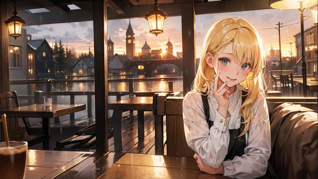 (High-resolution, Best quality, Detailed) capturing a warm and inviting (landscape:1.4) of a cozy café nestled in the city on a rainy day. highlighted by the soft, melancholic glow of lamplight streaming through drizzle-spattered windows.
a girl with a sweet smile and a charming face.