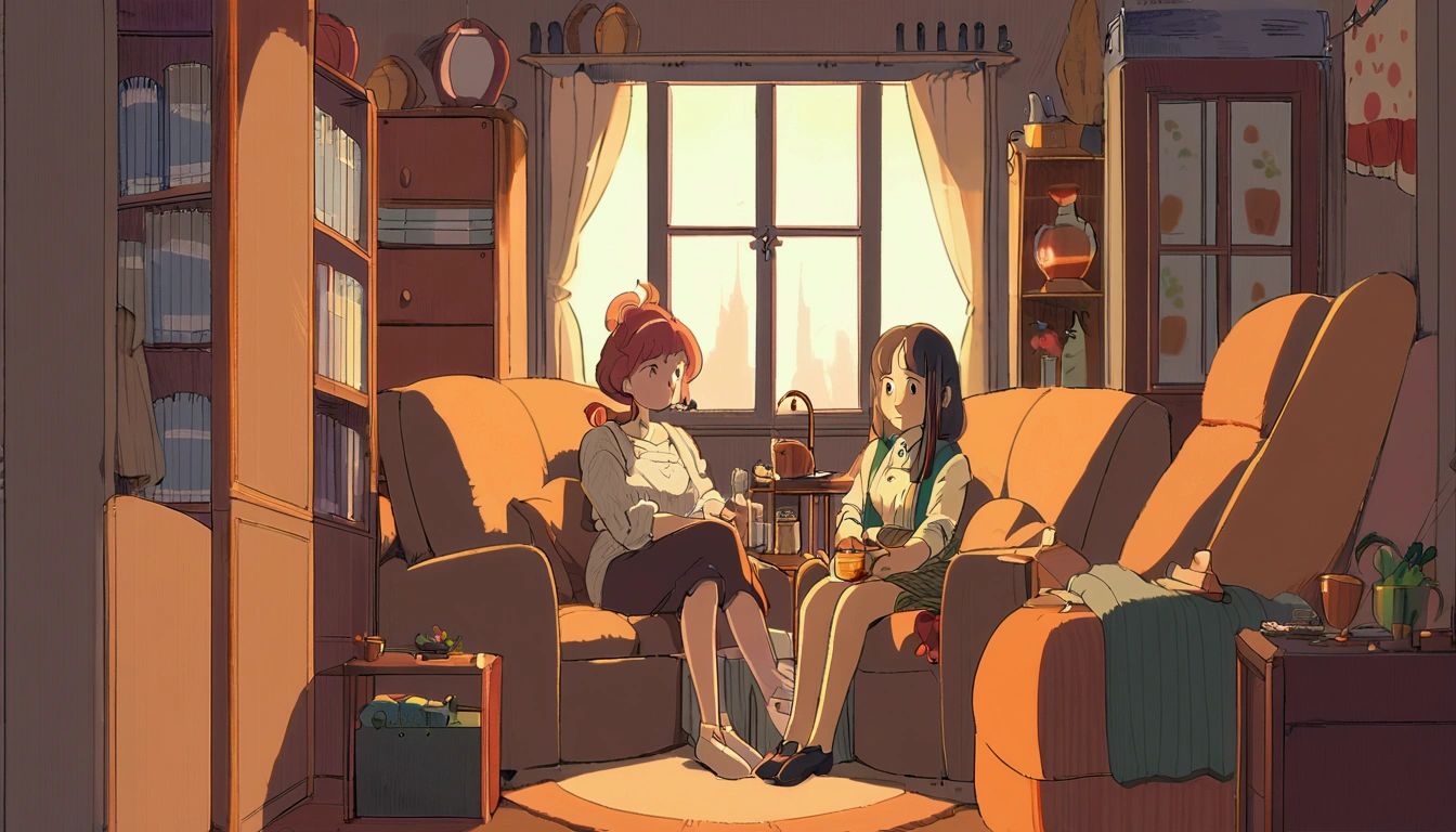 a boy and a girl resting on sofas and ottomans, it&#39;s day, there are two cups of tea in the scene, ghibli style, ghibli style, ghibli style