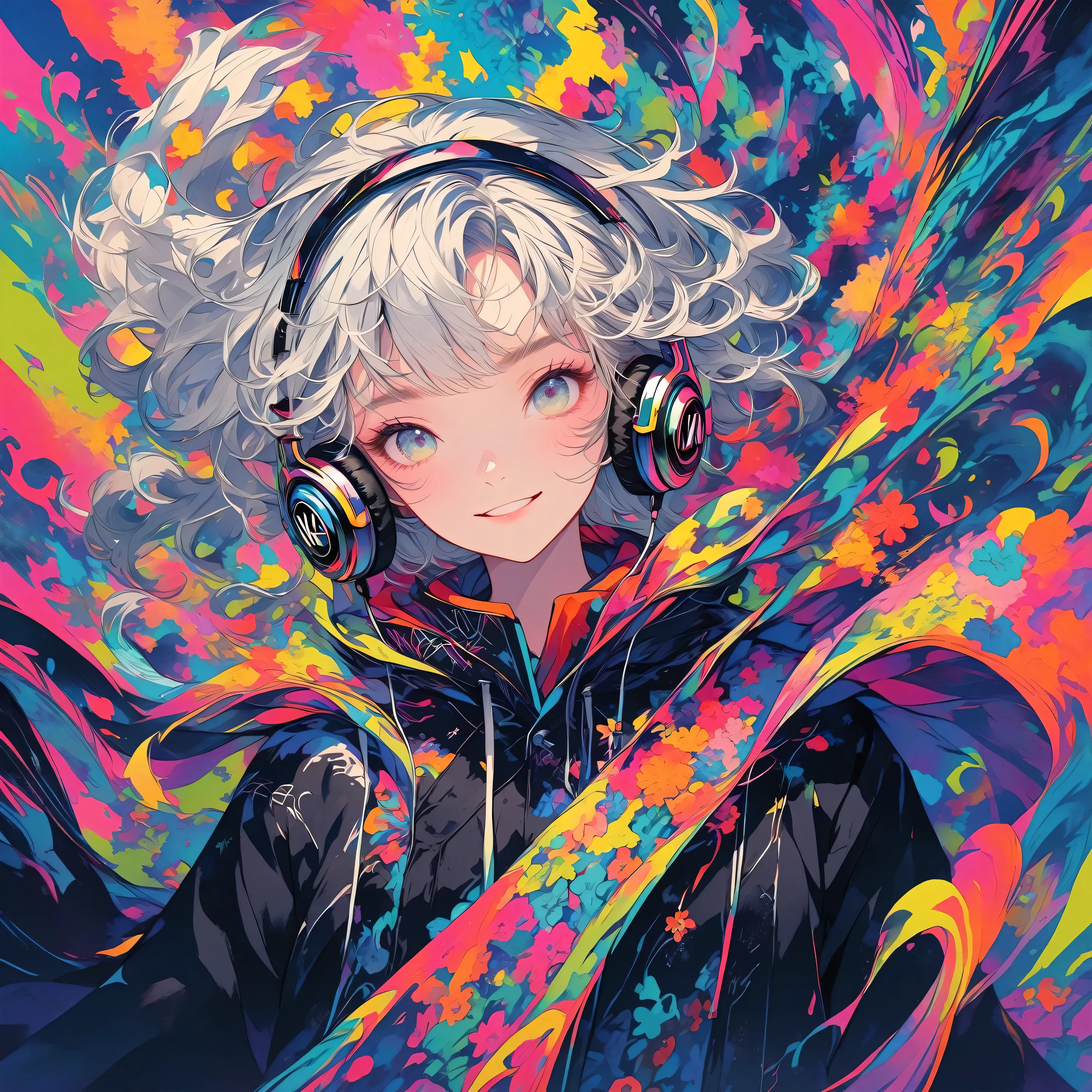 High-resolution digital painting with vibrant colors and intricate patterns. BREAK Front-facing perspective, showcasing a mirrored image of a character. BREAK Two identical characters with long, silver hair, one wearing a patterned cape and the other in a black jacket, both with headphones and a subtle smile. BREAK An abstract, colorful background with swirling, floral, and geometric designs, split by a staircase with a tiled pattern. Upper body, 