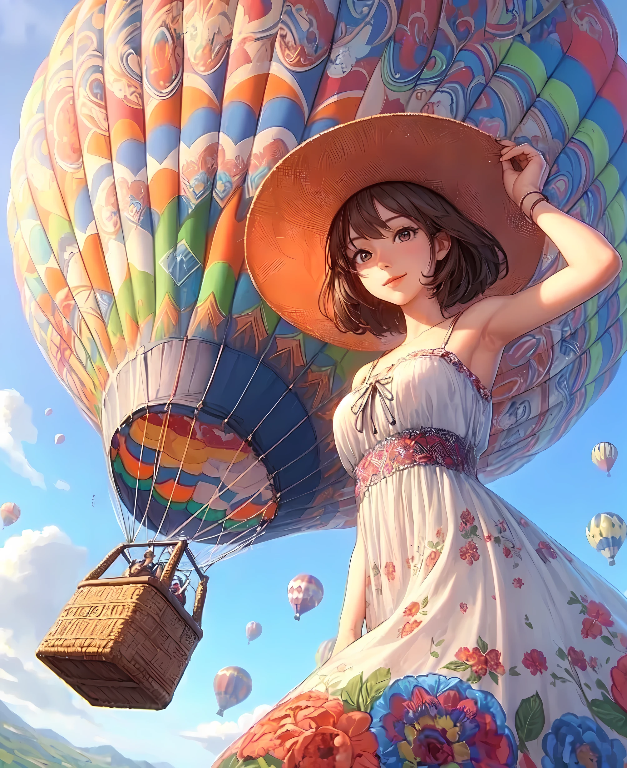 1lady solo, (from below:1.1), standing, (looking at viewers), stylish outfit (summer sundress) hat (refreshing attire), (mature female:0.6), /(brown hair/) bangs, light smile, (masterpiece best quality:1.2) delicate illustration ultra-detailed, large breasts BREAK (hot air ballon soaring high into the sky) (balloon with vibrant designs) BREAK (hot air balloon) outdoors, vast blue sky, soft lighting, detailed background