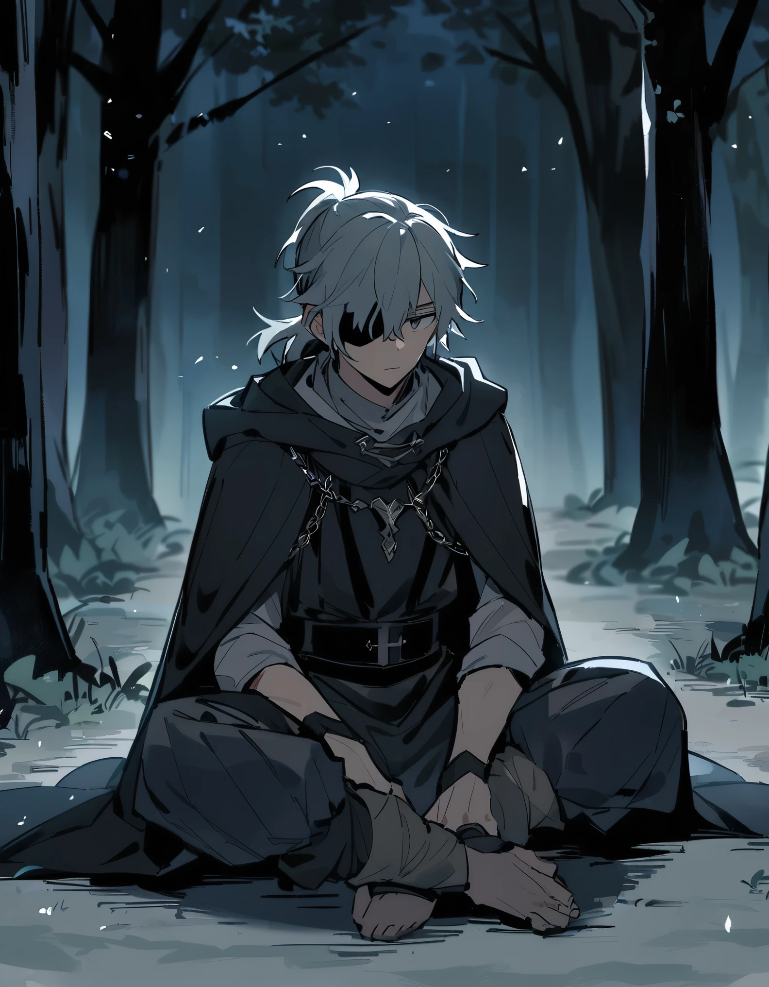 anime character, a man, medieval era. Young man, 20 years old, large body, cold gaze, cold expression, short messy gray hair, ponytail, left eye patch, black clothes, black shirt, dark cape with hood, chains. Side camera. Dark forest, at night, sitting on the dirt floor, with my back against a tree, relaxed. right leg extended, left leg flexed. Shining stars.