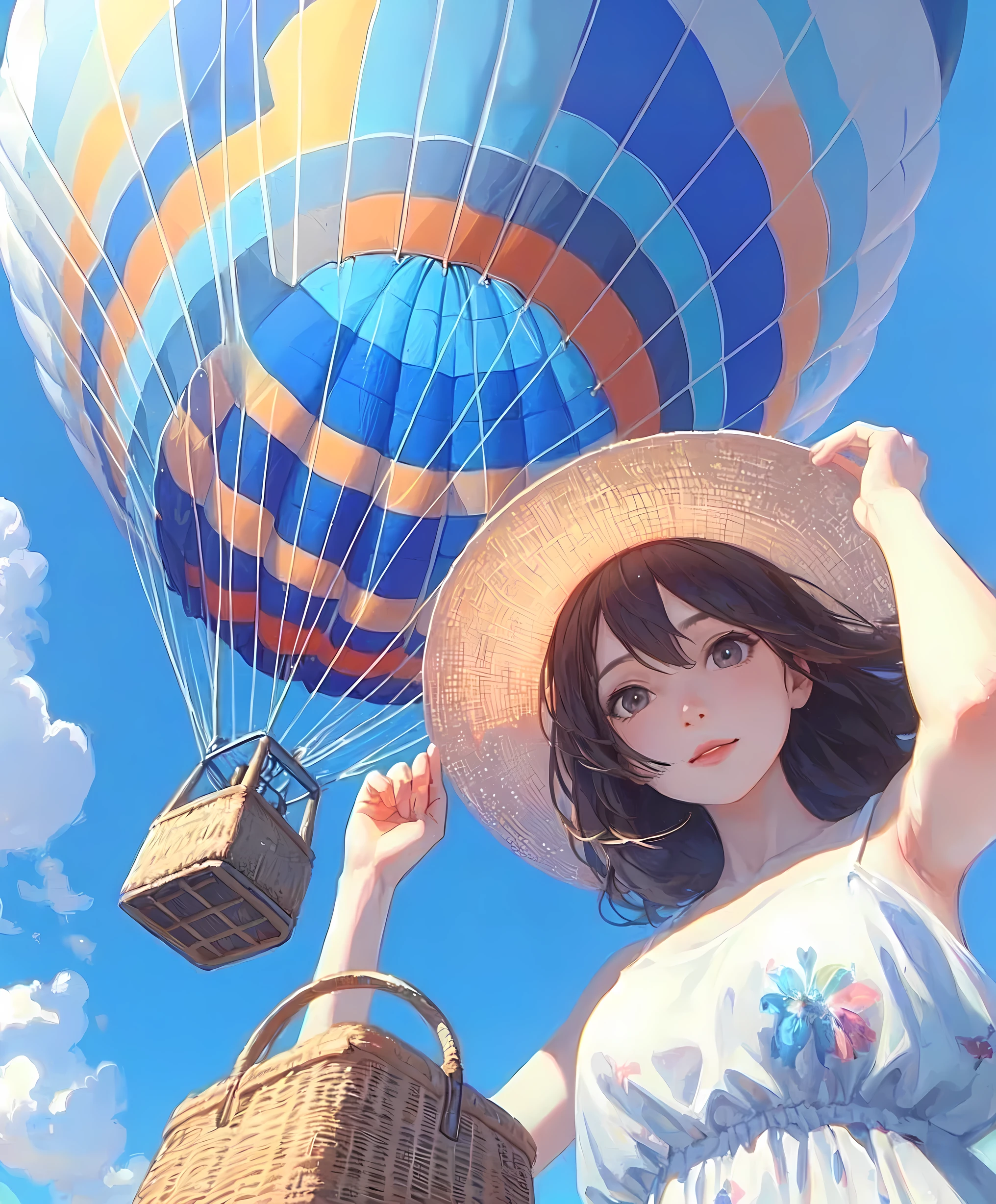 1lady solo, (from below:1.1), standing, (peeking out from basket) (looking at viewers), stylish outfit (summer sundress) hat (refreshing attire), (mature female:0.6), /(gray brown hair/) bangs, light smile, (masterpiece best quality:1.2) delicate illustration ultra-detailed, large breasts BREAK (hot air ballon soaring high into the sky) (balloon with vibrant designs) BREAK (hot air balloon) outdoors, vast blue sky, soft lighting, detailed background