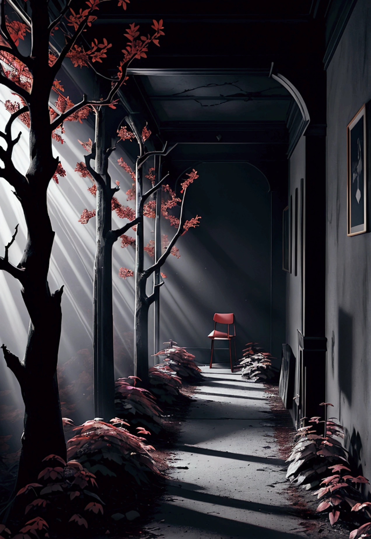"Picture a dark, empty room with a lone chair in the center, lit by dim, cold light creating long shadows. In the background, an endless gray field with a dead tree under a moody, low gray sky. In the center of the room is a wall with a deep crack, from which a faint , but a sharp ray of light begins on the right, leading from the room through a dark forest with bare trees. Rocky mountains with a blood-red sunrise are visible on the horizon, symbolizing struggle and hope. At the end of the path, an abandoned, overgrown meadow with thorny bushes is visible. lonely flowers under a dark, stormy sky. Important details: contrasting colors, dramatic lighting and strong emotional elements."