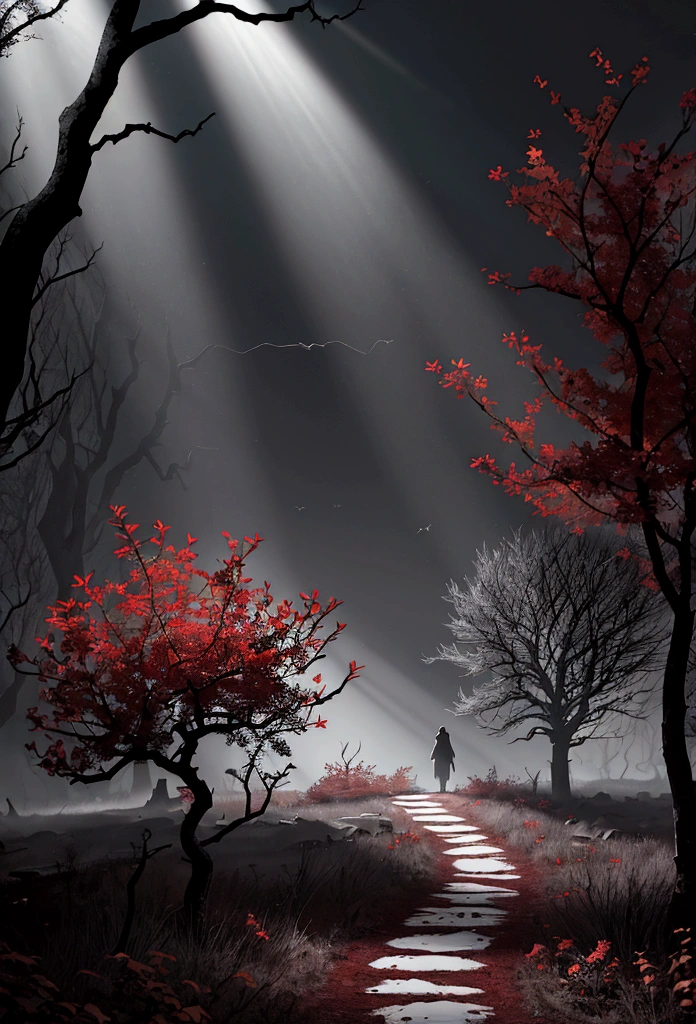 "Picture a dark, empty room with a lone chair in the center, lit by dim, cold light creating long shadows. In the background, an endless gray field with a dead tree under a moody, low gray sky. In the center of the room is a wall with a deep crack, from which a faint , but a sharp ray of light begins on the right, leading from the room through a dark forest with bare trees. Rocky mountains with a blood-red sunrise are visible on the horizon, symbolizing struggle and hope. At the end of the path, an abandoned, overgrown meadow with thorny bushes is visible. lonely flowers under a dark, stormy sky. Important details: contrasting colors, dramatic lighting and strong emotional elements."
