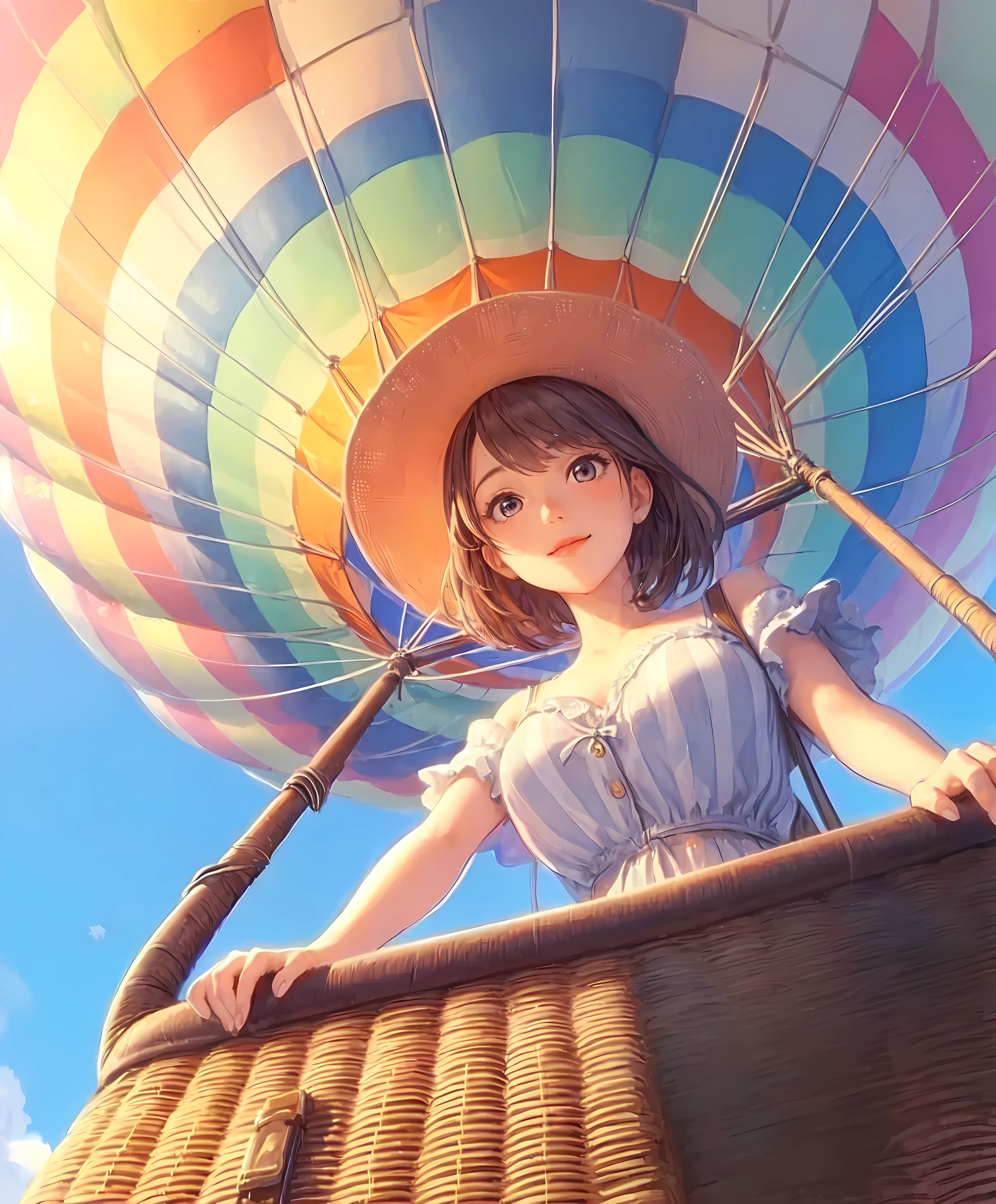 1lady solo, (from below:1.1), standing, (peeking out from basket) (looking at viewers), stylish outfit (summer sundress) hat (refreshing attire), (mature female:0.6), /(light brown hair/) bangs, light smile, (masterpiece best quality:1.2) delicate illustration ultra-detailed, large breasts BREAK (hot air ballon soaring high into the sky) (balloon with vibrant designs) BREAK (hot air balloon) outdoors, vast blue sky, soft lighting, detailed background