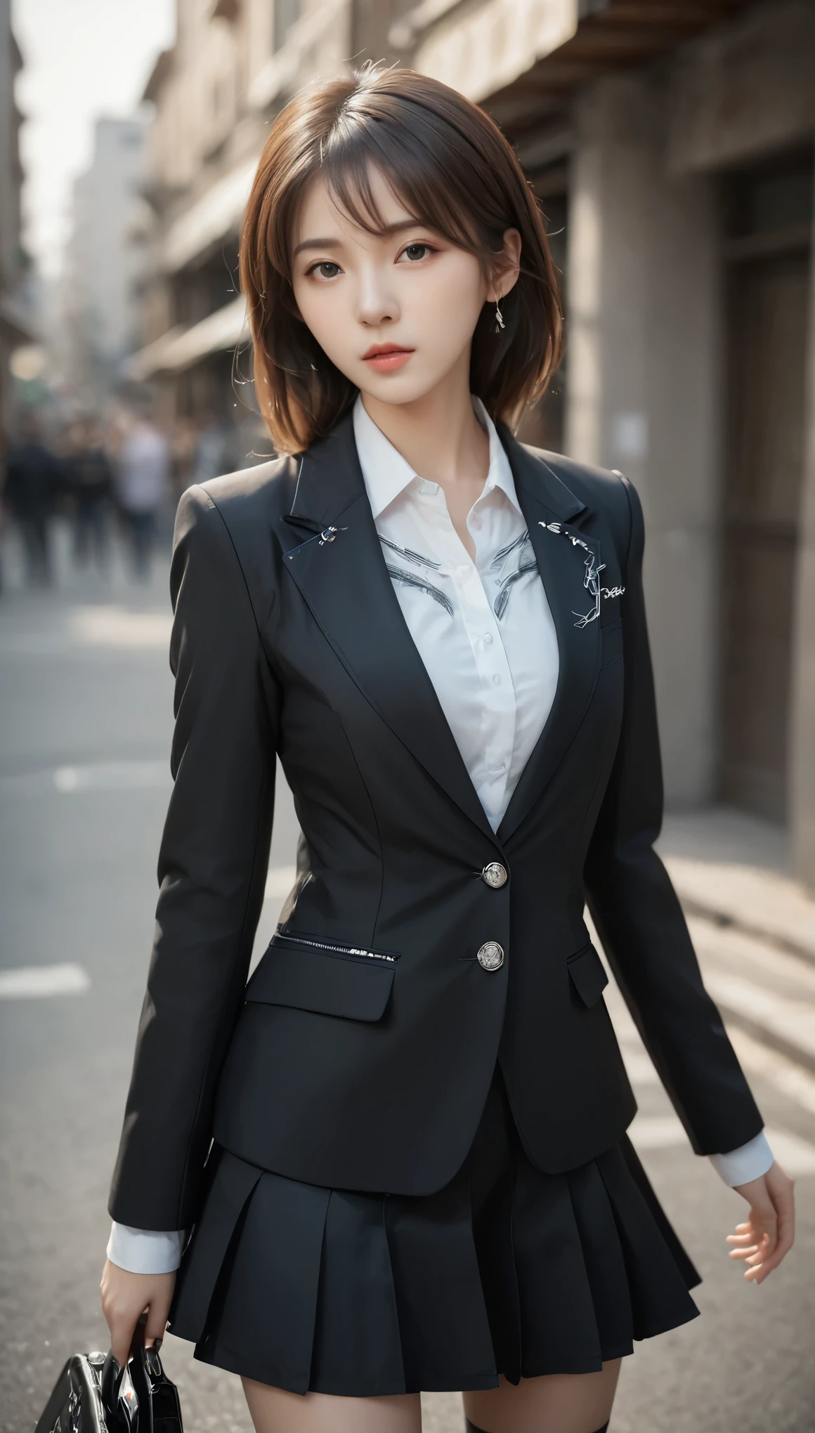 best quality, masterpiece, 1girl, Beautiful face, (photo realistic:1.3), rim lighting, (high detailed skin:1.2), 8k uhd, dslr, high quality, high resolution, 4k, 8k, Bokeh, absurdres, best ratio four finger and one thumb, (realistic:1.3), cute 1girl, wearing black formal blazer, medium breasts, short skirt, hyper sharp, sharp focus, K-pop idol, J-pop idol, Italian woman, 