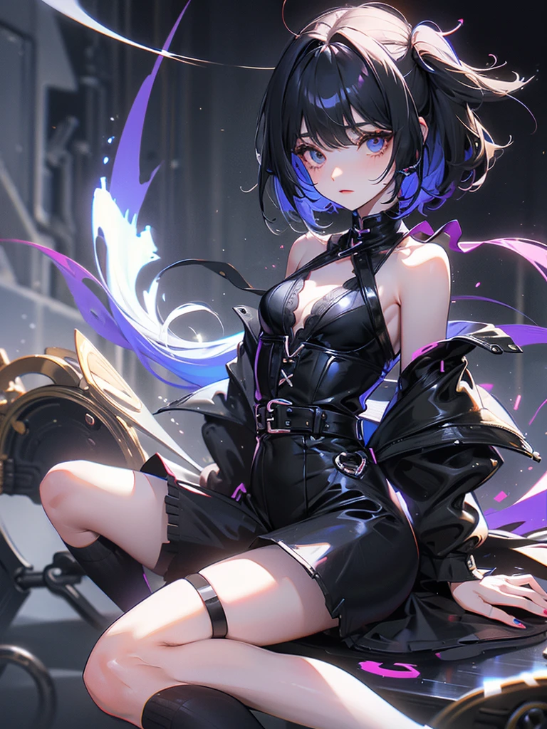 Landmine type, small breasts, black clothes, black hair with blue tips, night city 