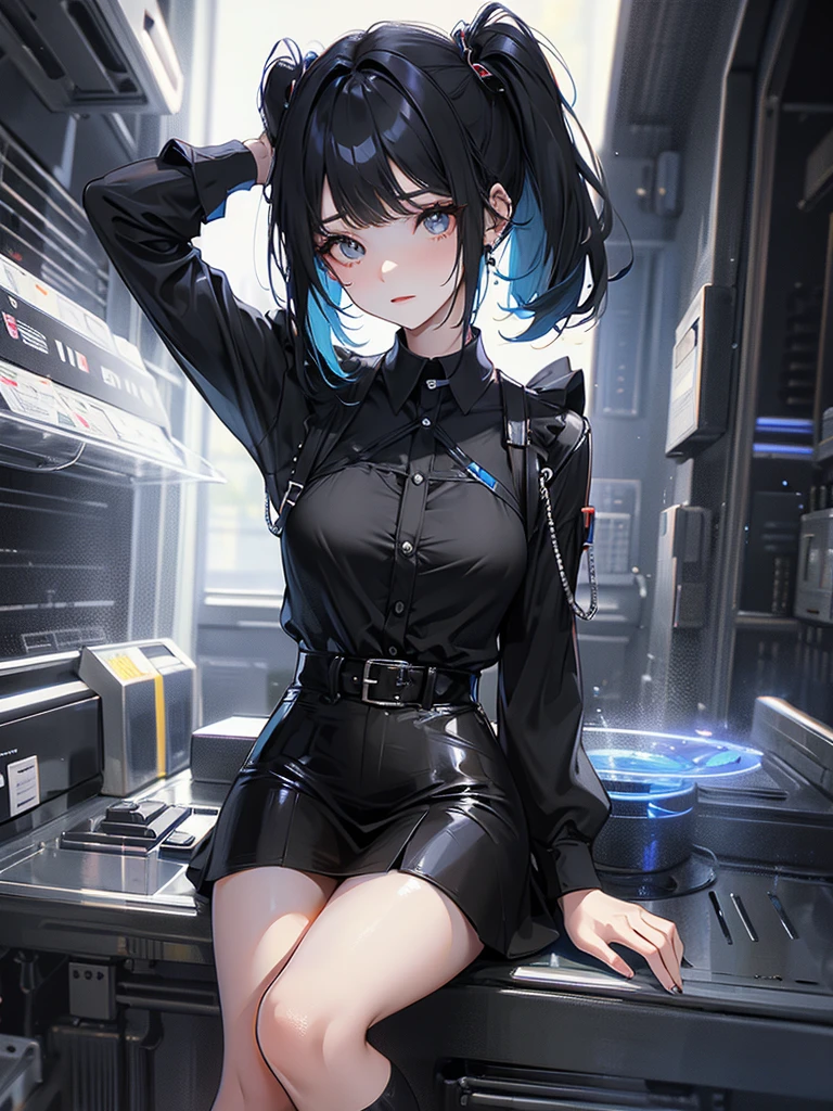 Landmine type, small breasts, black clothes, black hair with blue tips, night city
