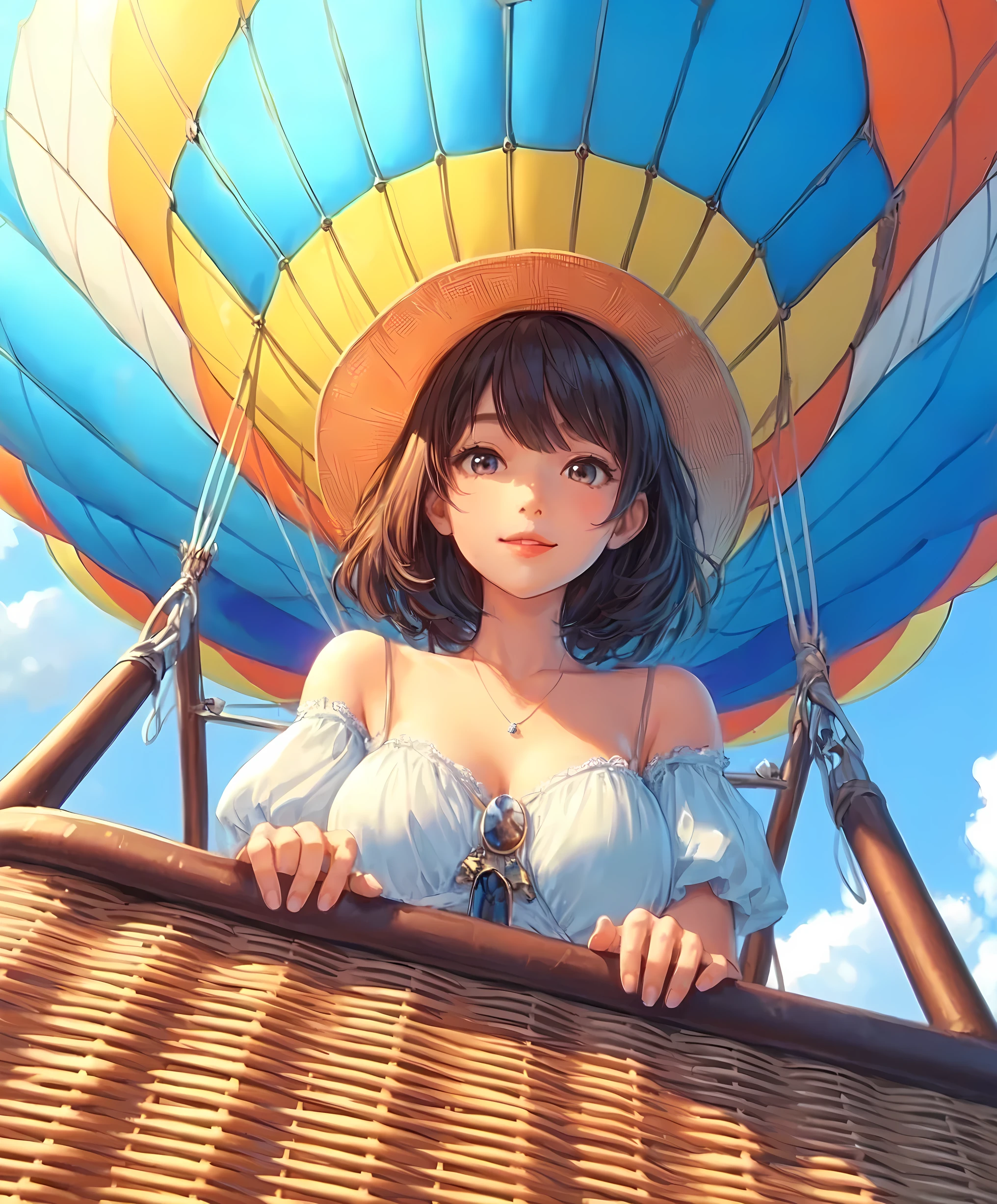 1lady solo, (from below:1.1), standing, (peeking out from basket) (looking at viewers), stylish outfit (summer sundress) hat (refreshing attire), (mature female:0.6), /(brown hair/) bangs, light smile, (masterpiece best quality:1.2) delicate illustration ultra-detailed, large breasts BREAK (hot air ballon soaring high into the sky) (balloon with vibrant designs) BREAK (hot air balloon) outdoors, vast blue sky, soft lighting, detailed background