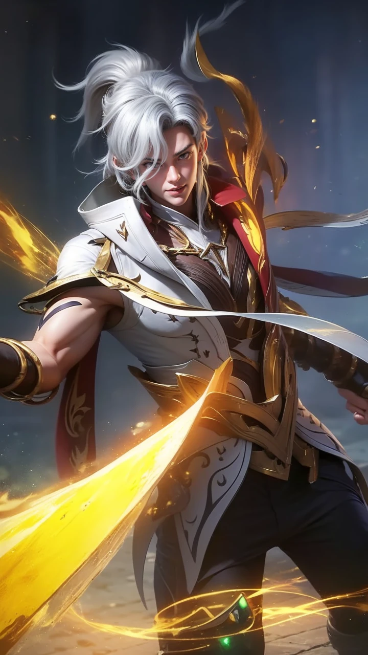 A young man about 20 years old, the guy is a gladiator, The young man is a hero, short colored hair chestnut, behind is a very long ponytail tied in a centipede, handsome and masculine young face, flawless handsome face, brown eyes, black pupils, On the forehead is wrapped a red belt, around the neck is a red cloth, On pieces of cloth there are ancient characters, extremely toned chest and abdominal muscles, wearing a pair of orange-yellow pants, On each arm of the boy there are 3 large bracelets and those are the boy's weapons, 8k photo, super high quality, super realistic, 10x super pixels, actual photo, dark studio, border light, two-tone lighting color, (high detail skin: 1.2), 8k ultra, soft light, high quality, volumetric light, candid, Photo, high resolution, light, best photo, 4k quality, 8k, bokeh, Smooth and sharp, 10x pixelated, (galaxy: 1.7), aurora, lightning, super graphics, most realistic graphics, 1 boy, alone, solo, Extremely sharp, surreal image, frontal portrait,"