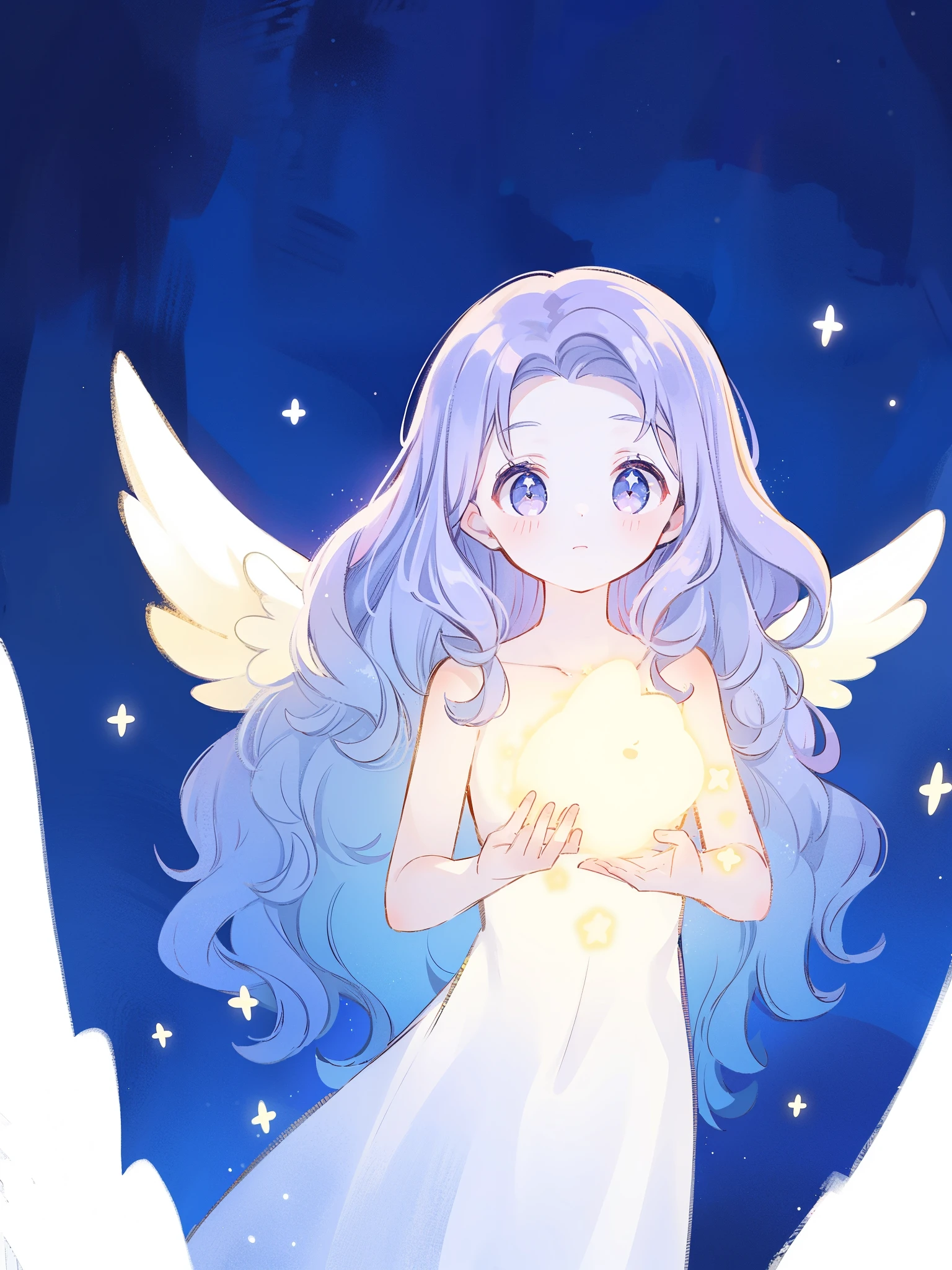 nude angel girl wearing an ethereal translucent dress, pale skin, ((wavy gradient blue purple hair)), white feathers, angel wings, sparkling detailed eyes, golden ratio face, perfect composition, highly detailed, ethereal, (starry night sky background), midjourney style