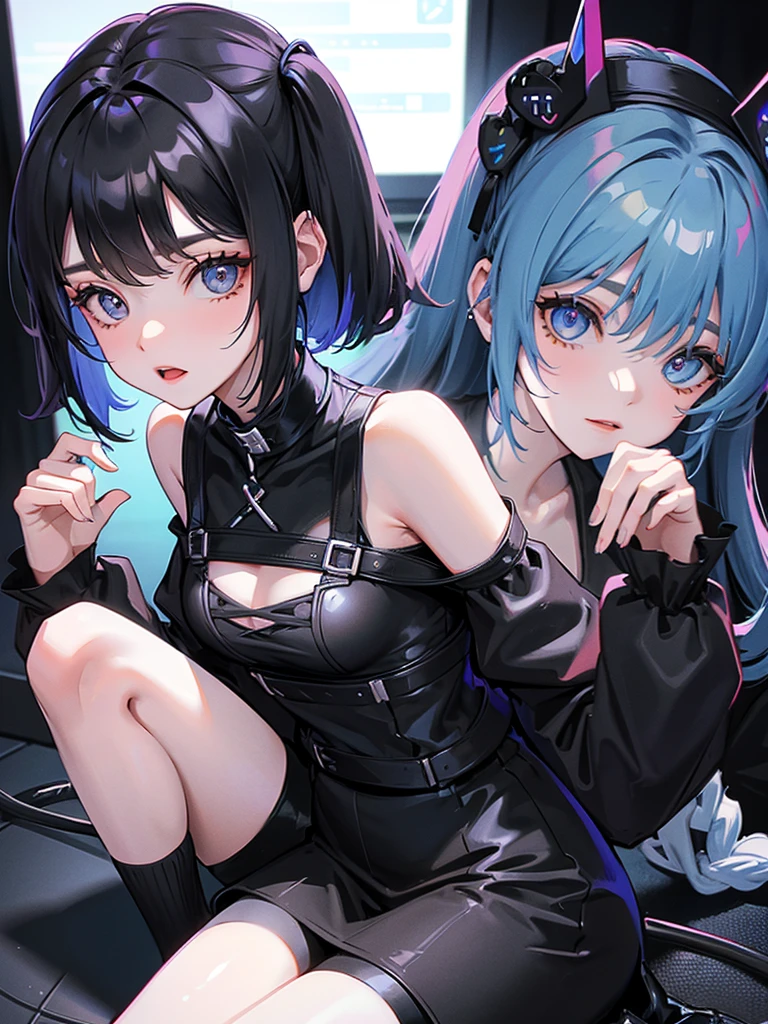 Landmine type, small breasts, black clothes, black hair with blue tips, night city