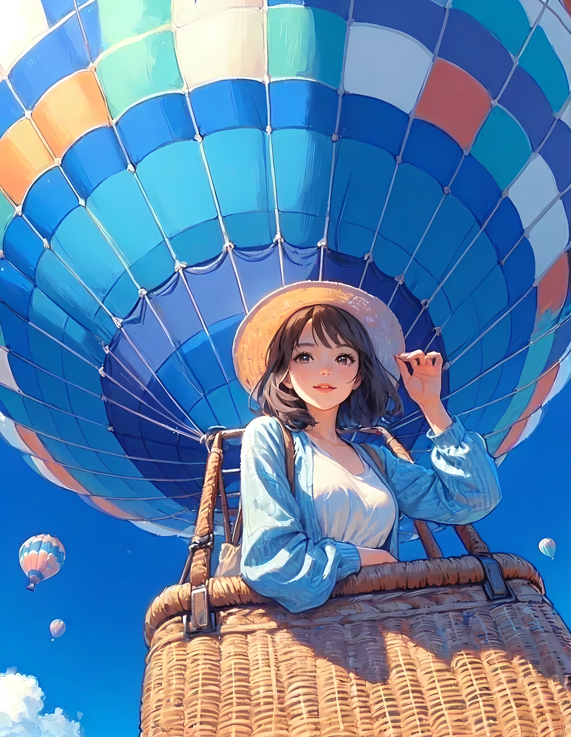 1lady solo, (from below:1.1), standing, (peeking out from basket) (looking at viewers), stylish outfit (summer sundress) hat (refreshing attire), (mature female:0.6), /(gray brown hair/) bangs, light smile, (masterpiece best quality:1.2) delicate illustration ultra-detailed, large breasts BREAK (hot air ballon soaring high into the sky) (balloon with vibrant designs) BREAK (hot air balloon) outdoors, vast blue sky, soft lighting, detailed background