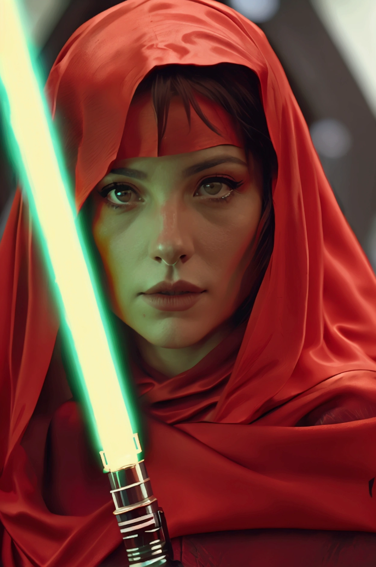 Frame from a cinematographic film of the Star Wars universe, a woman with a red lightsaber in Mandalorian style., shallow depth of field, vignette, Very detailed, high budget, bokeh, cinemascope, moody, epic, gorgeous, film grain, grainy