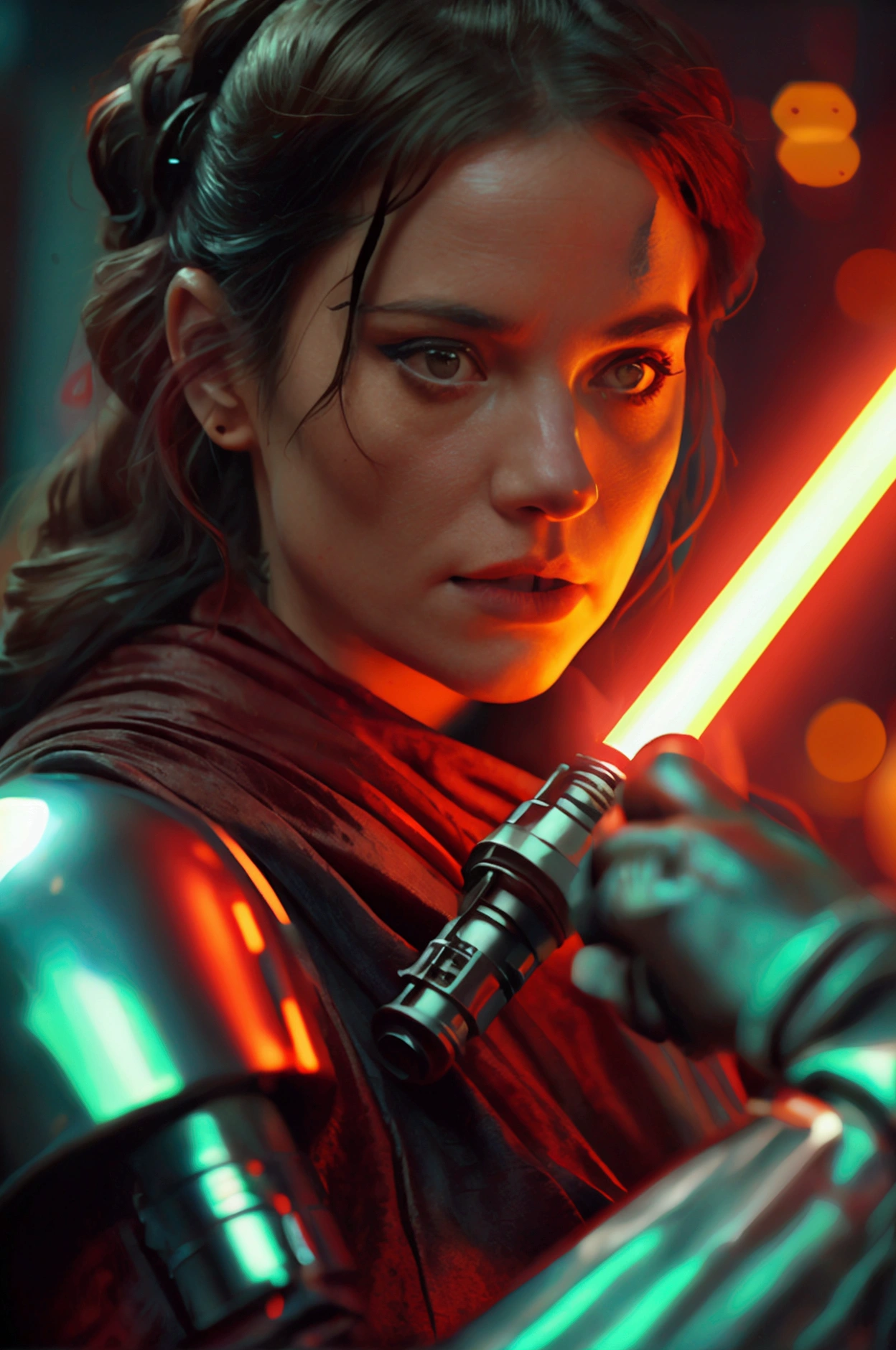 Frame from a cinematographic film of the Star Wars universe, a woman with a red lightsaber in Mandalorian style., shallow depth of field, vignette, Very detailed, high budget, bokeh, cinemascope, moody, epic, gorgeous, film grain, grainy