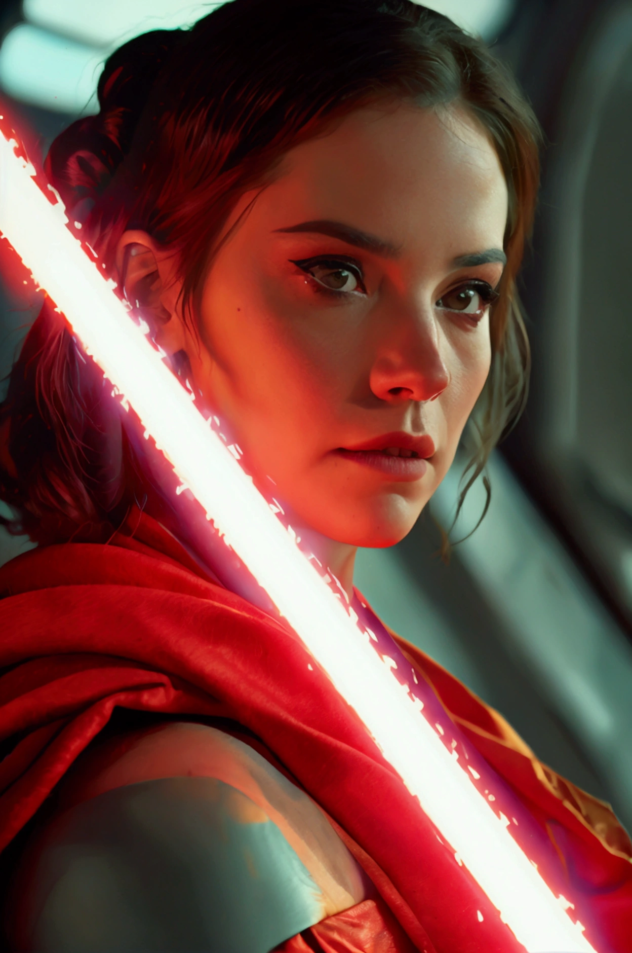 Frame from a cinematographic film of the Star Wars universe, a woman with a red lightsaber in Mandalorian style., shallow depth of field, vignette, Very detailed, high budget, bokeh, cinemascope, moody, epic, gorgeous, film grain, grainy