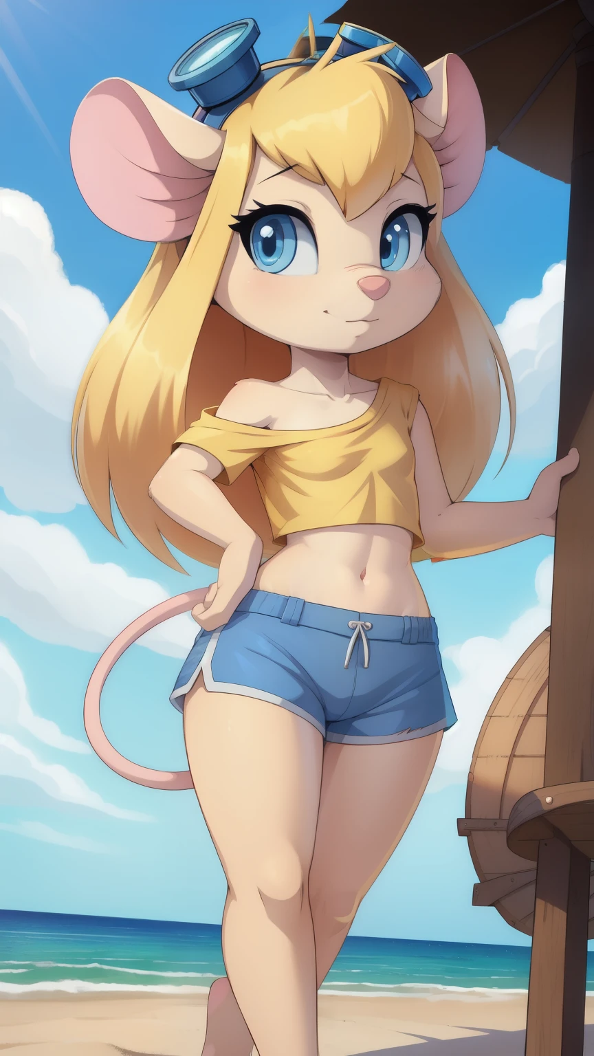 Score_9,score_8_up,score_7_up, source_cartoon, source_furry, Gadget Hackwrench, young, mouse, blonde hair, long hair, narrowed eyes, blue eyes, pink nose, body fur, small breasts, detailed body fur, detailed face, detailed eyes, glistering body, shiny body, gorgeous body, masterpiece, high quality, ((goggles, yellow shirt, one shoulder, midriff, blue shorts)), beach, clear sky, skinny, :3, full body, feets with three toes, 3 toes, short body, tiny body, cute, anime style, thicker lines, low angle,