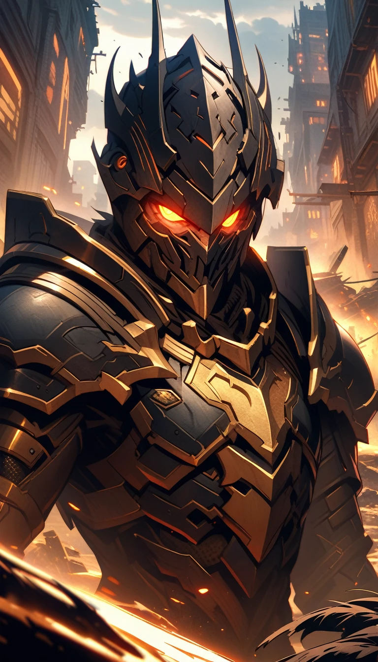 ((best quality)) , ((masterpiece)) , (detailed),VND3 League of Legends splash art depicts a close up of an armored man's face and upper body in black armor with glowing orange eyes. He is fighting against shadow demons in front of a fantasy city background. The palette features dark gray, red, brown, and gold colors with a translucency effect. There is textural detail and a low angle view.,Dystopian style, Inconsiderate . Bleak, post-apocalyptic, somber, dramatic, highly detailed