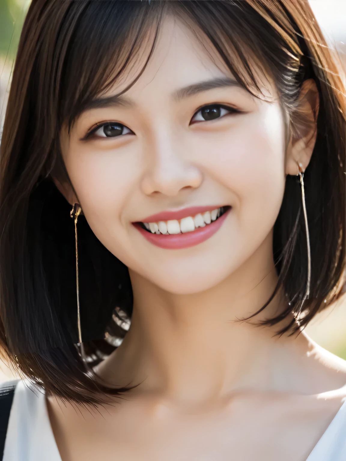 heart earrings, grin, black hair, good site, depth of field, uhd, anatomically correct, textured skin, best quality, high details, 16K, Close-up photo of face from the front、