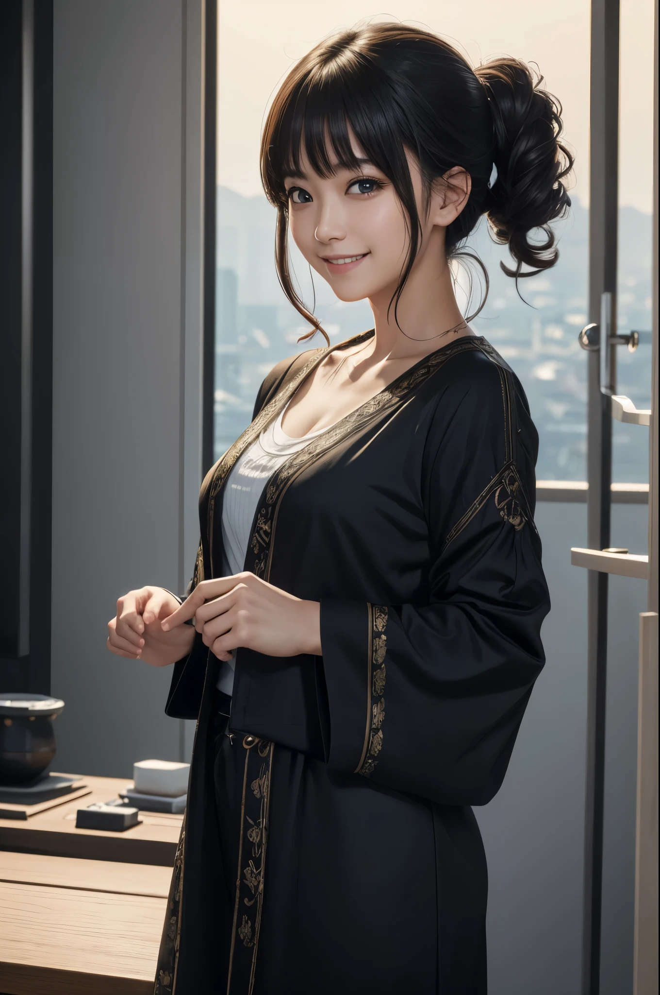 8k,Ultra-high resolution,((Best image quality)), ((masterpiece)), (Attention to detail:1.3), 大きなsmileのジャンヌD&#39;Aak,Paladin,blue eyes,Red hair Perm Blue hair,Woman in black armor(精密な金色のPaladinの紋章の細工)、Cleavage,We paid special attention to the decoration of the chest armor...、Beautiful expression,charm,sexy,so beautiful(Like the real thing),Carry a big, long sword,smile,Luxury black pants,Blue and black shoulder pads,Blue-black armor,Blue-black leg armor,masterpiece,Photorealistic RAW photos of the highest quality。Bright colors,Rich colors, Backlight, Cinema Lighting, Film Grain, to be born, 50mm lens, Nikon D850,Realistic Skin,Fantasy art,Character Art,Ultra-high resolution,大きなsmile,