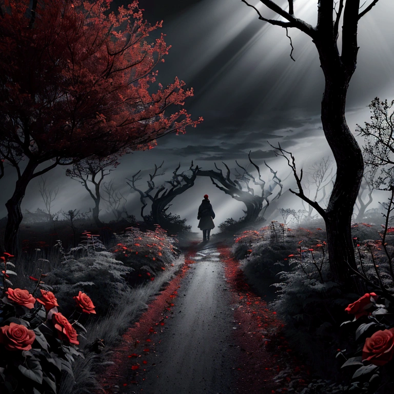 "Picture a dark, empty room with a lone chair in the center, lit by dim, cold light creating long shadows. In the background, an endless gray field with a dead tree under a moody, low gray sky. In the center of the room is a wall with a deep crack, from which a faint , but a sharp ray of light begins on the right, leading from the room through a dark forest with bare trees. Rocky mountains with a blood-red sunrise are visible on the horizon, symbolizing struggle and hope. At the end of the path, an abandoned, overgrown meadow with thorny bushes is visible. lonely flowers under a dark, stormy sky. Important details: contrasting colors, dramatic lighting and strong emotional elements."
