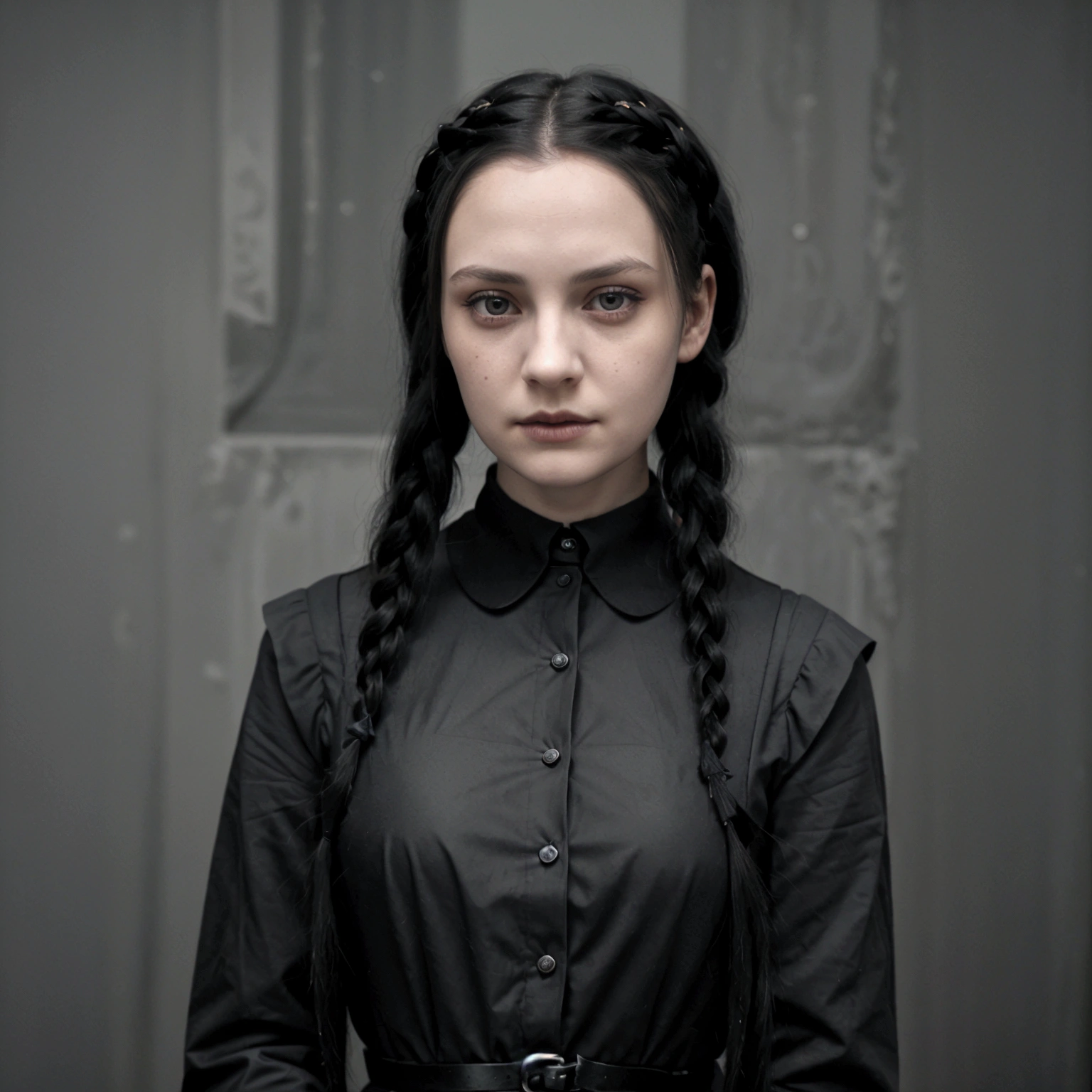 Create a photorealistic image of Anna, 25 years old, styled as Wednesday Addams. She has pale skin, dark eyes, and long black hair styled in two braids. Her outfit is a classic black dress with a white collar and button details. Her expression is calm and intense, with a deadpan look. The background is dark and moody, which highlights her features. The overall style is gothic and sophisticated, capturing the essence of Wednesday Addams with an absurdly high level of detail."