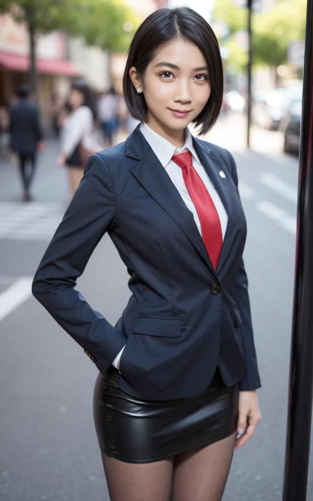 girl, Hyper Realistic, masterpiece, smile, portrait, bobhair, skirt suit, dress shirt, red necktie, blazer, bodycon miniskirt, pencil skirt, tights, pantyhose