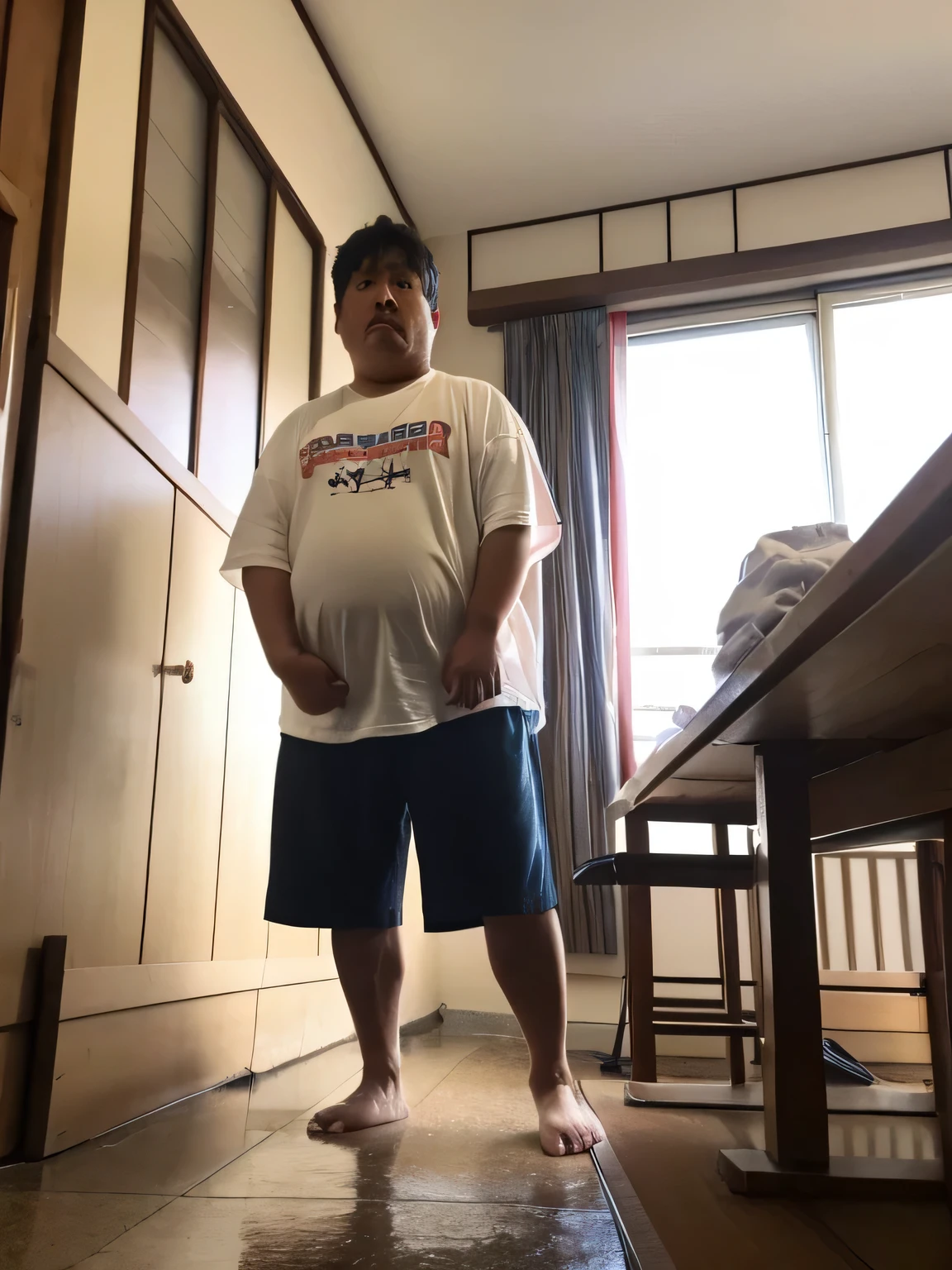 A thick man is 50yo in japan, He wears a White short pants, retarded, dwarfism, stand to attention at playroom in kindergarten, potty training, Acting timidly, slouching look down, He is holding back his pee while sobbing, incontinent, There is a small puddle at his feet, dwarfism, Bowleg, Bare legs, Barefoot, short hair, thin hair, scared, Weak, sissy, sobbing, There is a small puddle at his feet, a picture, high detail photo, 32K, masterpiece