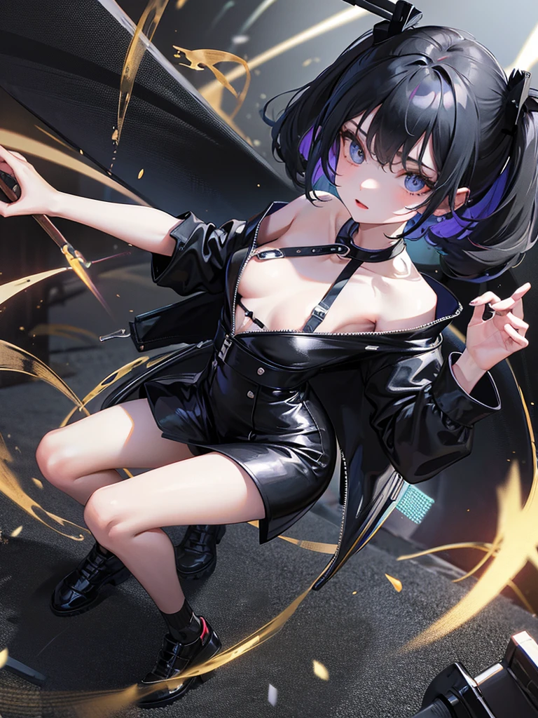 Landmine type, small breasts, black clothes, black hair with blue tips, night city